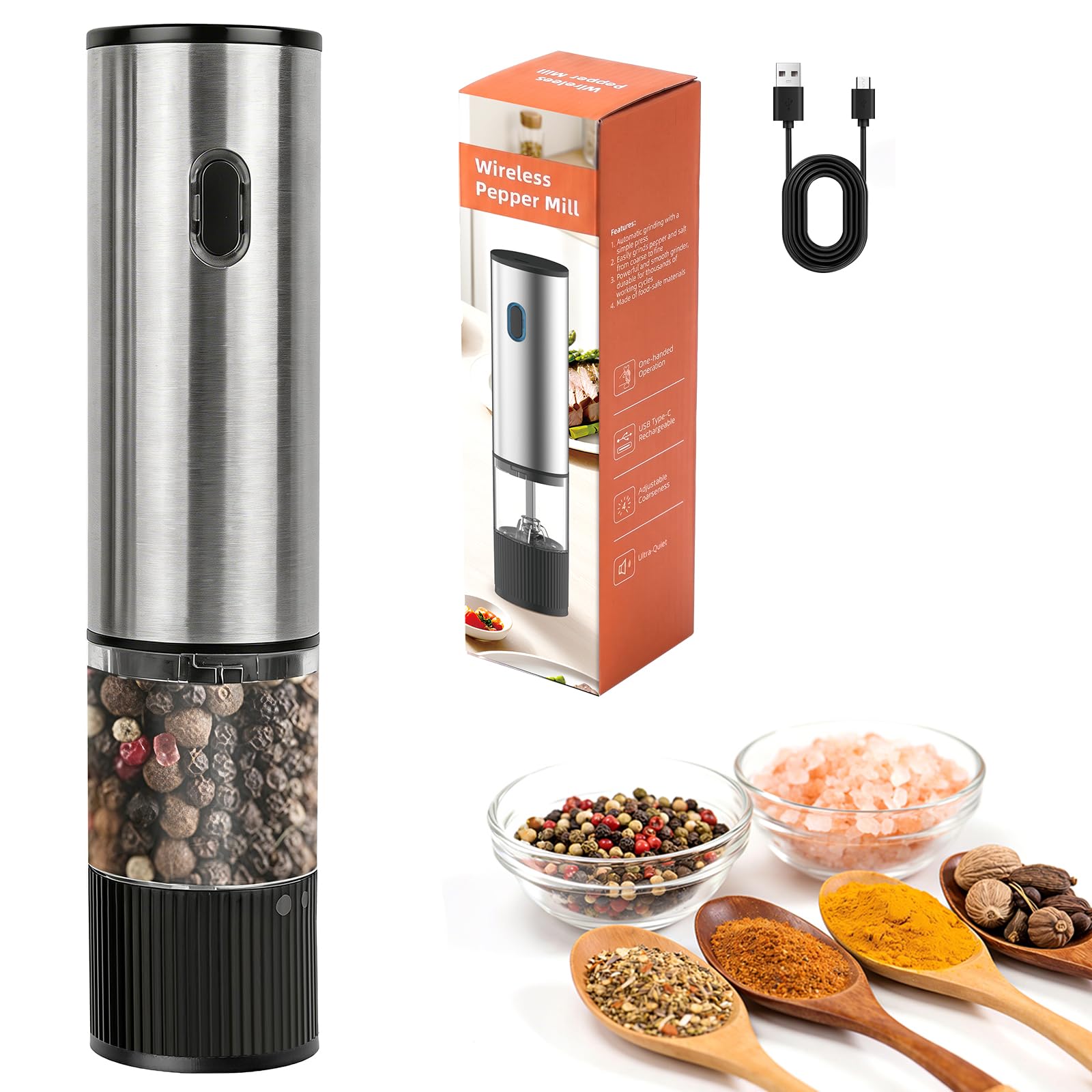 Electric Salt and Pepper Grinder Set, USB Rechargeable Automatic Mills with Adjustable Coarseness, 80ml Capacity Stainless Steel Ceramic Grinders Refillable for Effortless Gourmet Cooking, BBQ (1 PCS)