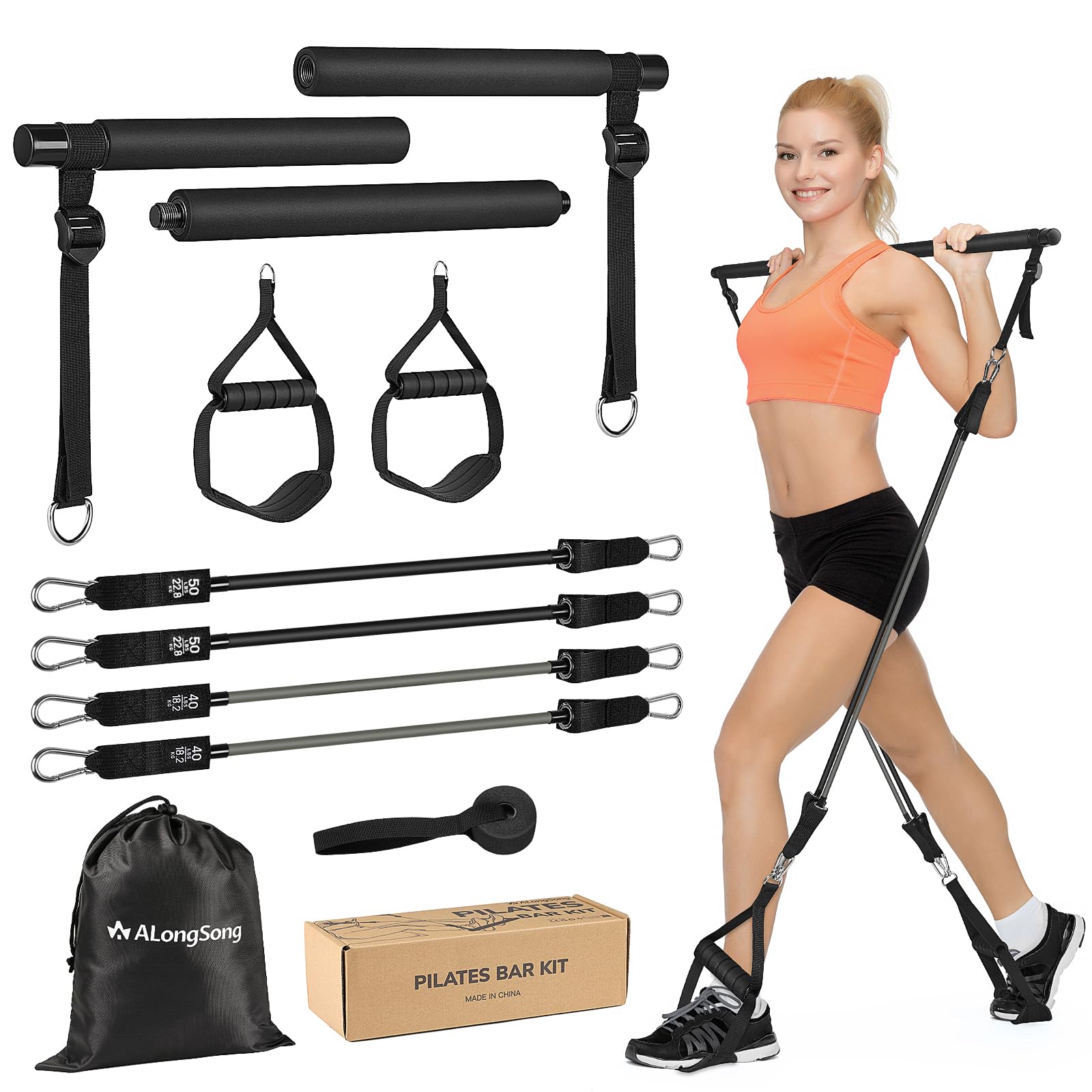 Barra de Pilates, ALongSong Barra Pilates Hecha de Hierro con Bandas de Resistencia de Tubo de Látex Natural(40-180lbs), Gomas Elasticas Musculacion para Gimnasio En Casa, Navidad