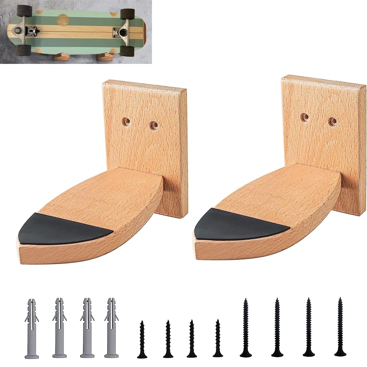 LITAITAI Surfboard Wall Mount Rack, Skateboard Display Stand, with Anti Slip Rubber Pads, Suitable for Longboards, Skateboards, Snowboards, Skiing Boards, Bamboo