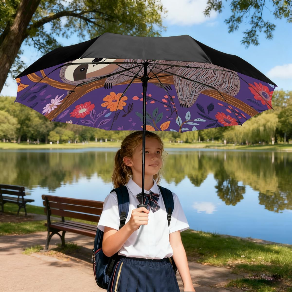 Sloth Branch Flowers Folding Umbrella Windproof Compact Lightweight Travel Umbrella with 8 Reinforced Ribs, Portable UV Sun & Rain Protection for Men & Women