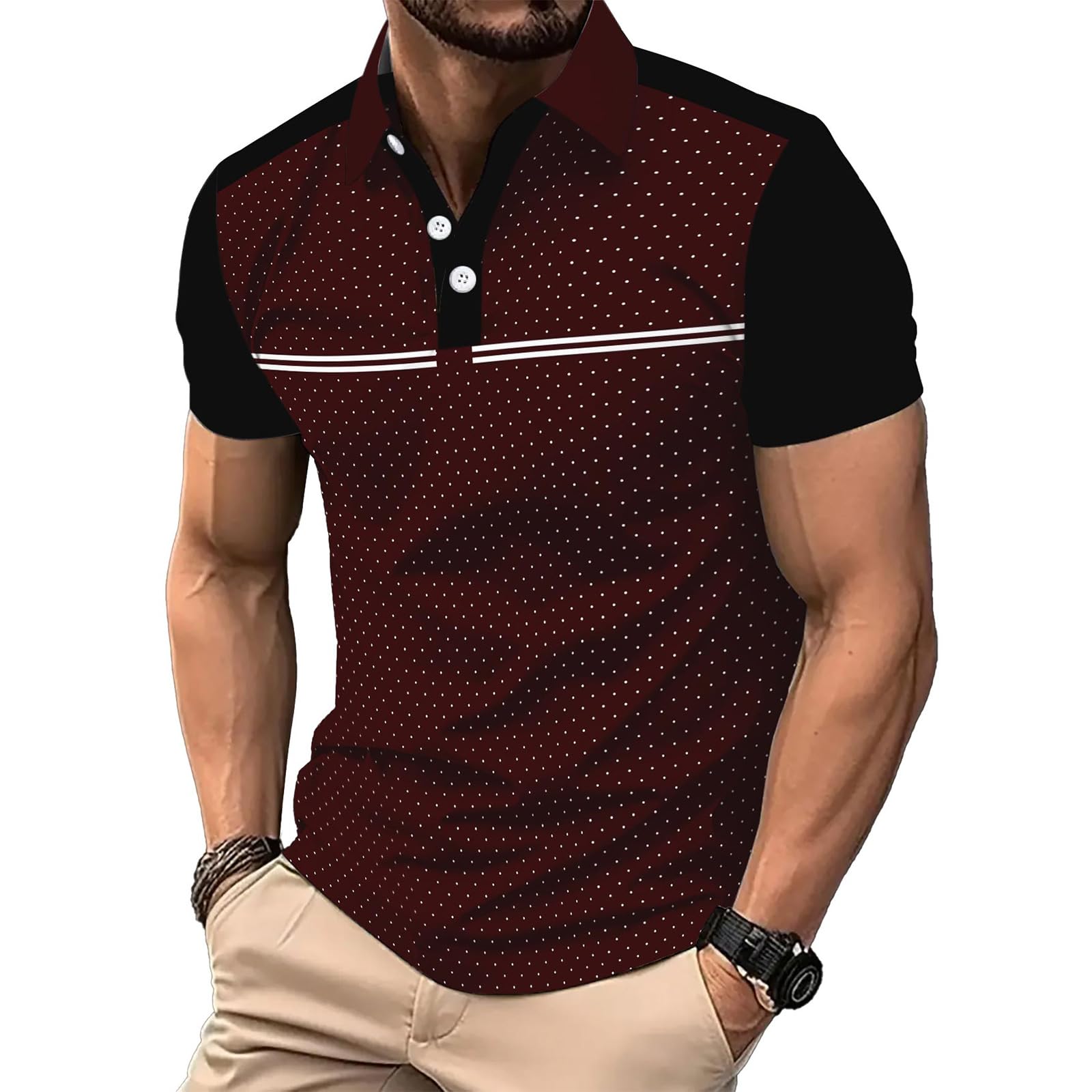 DEEX XL Dark Red Men's Polo Shirts Short Sleeve 2026 Casual Polo T Shirt Color Block Slim Fit Summer Collared Golf Shirts