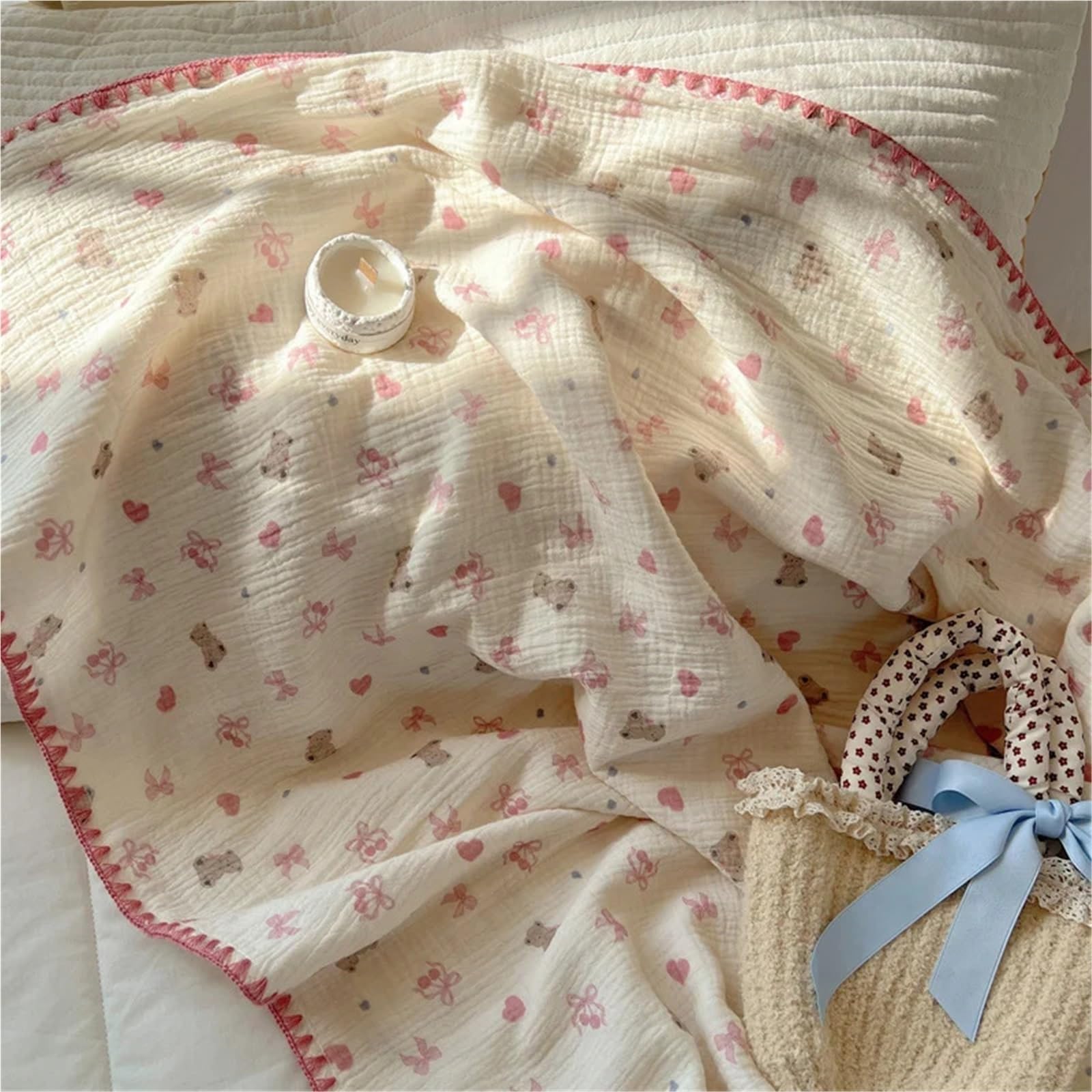 Coperta in mussola di cotone Coperta in cotone estiva in filato crespo di puro Trapunta morbida for cartoni animati singola/Queen/King(Color1,105x130cm 1pc)