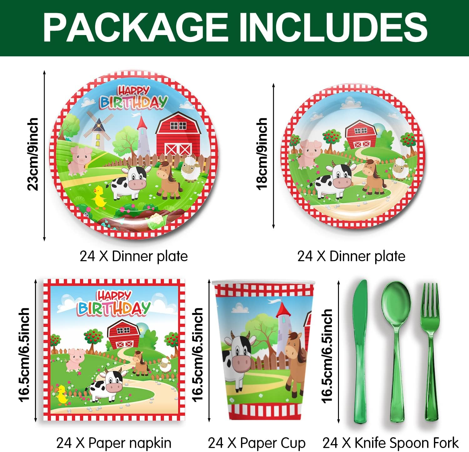 Farm Birthday Party Supplies Tableware Set - Farm Animal Party Decorations Include Dinner Plates, Cups, Napkins, Cutlery, Farm House Animal Barnyard Theme Party Supplies | Serves 24 - Image 4