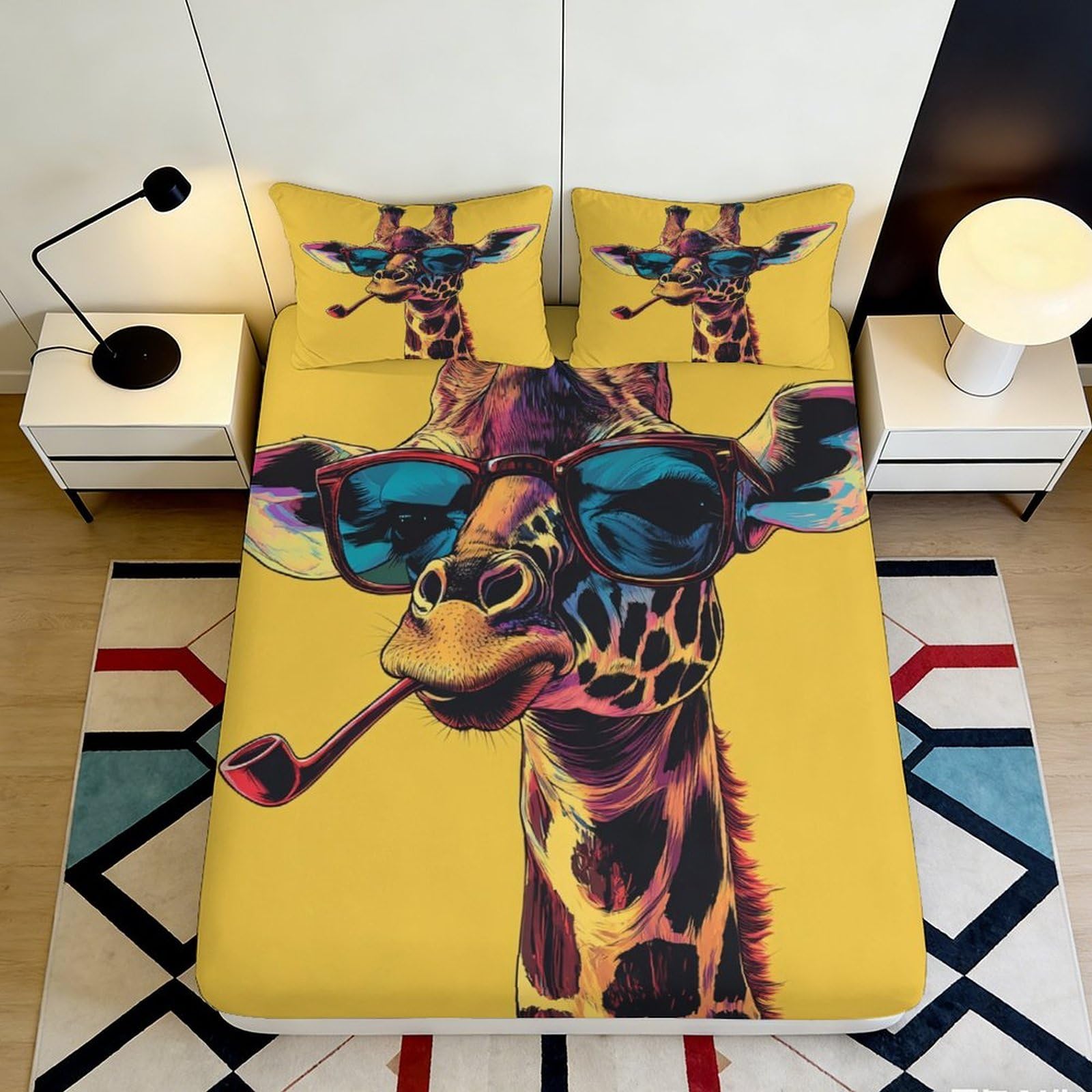 Pnayamiorkfel Style-10 3D Printed Cool Giraffe Sunglasses Fitted Sheet Microfiber Yellow Bed Cover Pipe Art For Bedroom Dorm Mattress Decor 90X200x25cm