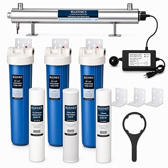 Bluonics 24 gpm Whole House Water Filter System for Well Water, 110w uv Light Treatment, 3 Filter Stages with Sediment and Carbon Filters, 20 x 4.5 housings, 1 in npt
