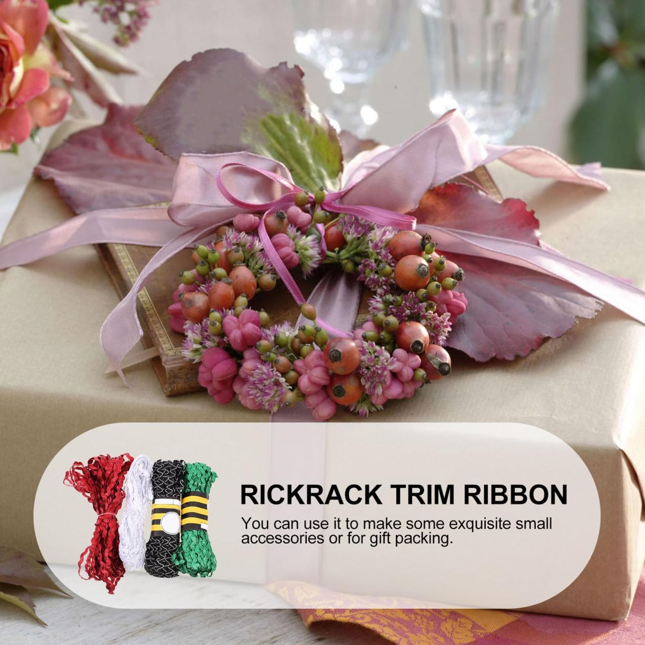 DOITOOL 4 Rolls 15-Yard Waving Rickrack Ribbon Trim 5mm Red Green White Black White for Sewing Clothes DIY Crafts Flower Making Wrapping Decoration