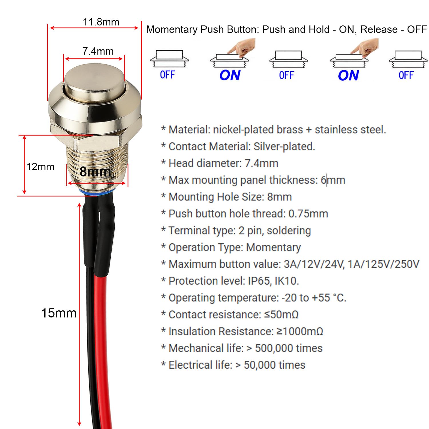 Gebildet 4 sztuki Metalowy Chwilowy Przełącznik Przyciskowy Wodoodporny Srebrny Punkt, 8mm Mini Mikro Okrągły 0-250V Samoczynny Reset do Dzwonek Power Start, Złota Stopka