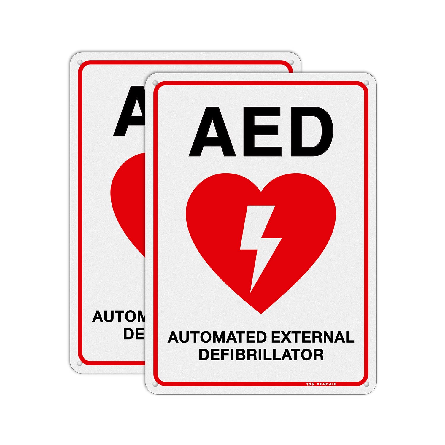 T&amp;R AED Sign - 2 Pack - 10 x 7 Inches Rust Free .040 Aluminum -Reflective, UV Protected, Waterproof, Weatherproof and Fade Resistant - 4 Pre-drilled Holes