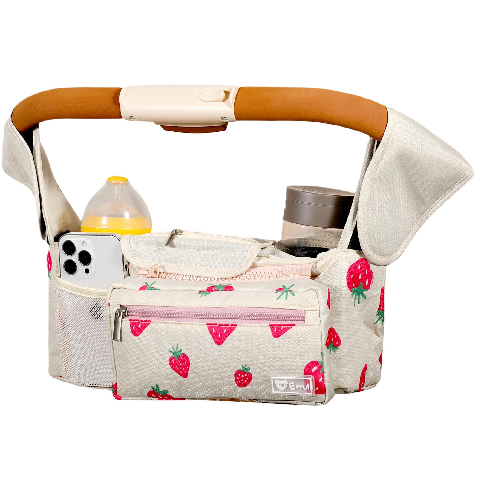 Organizador universal para cochecito con portavasos aislados y bolsa desmontable para teléfono (fresa)