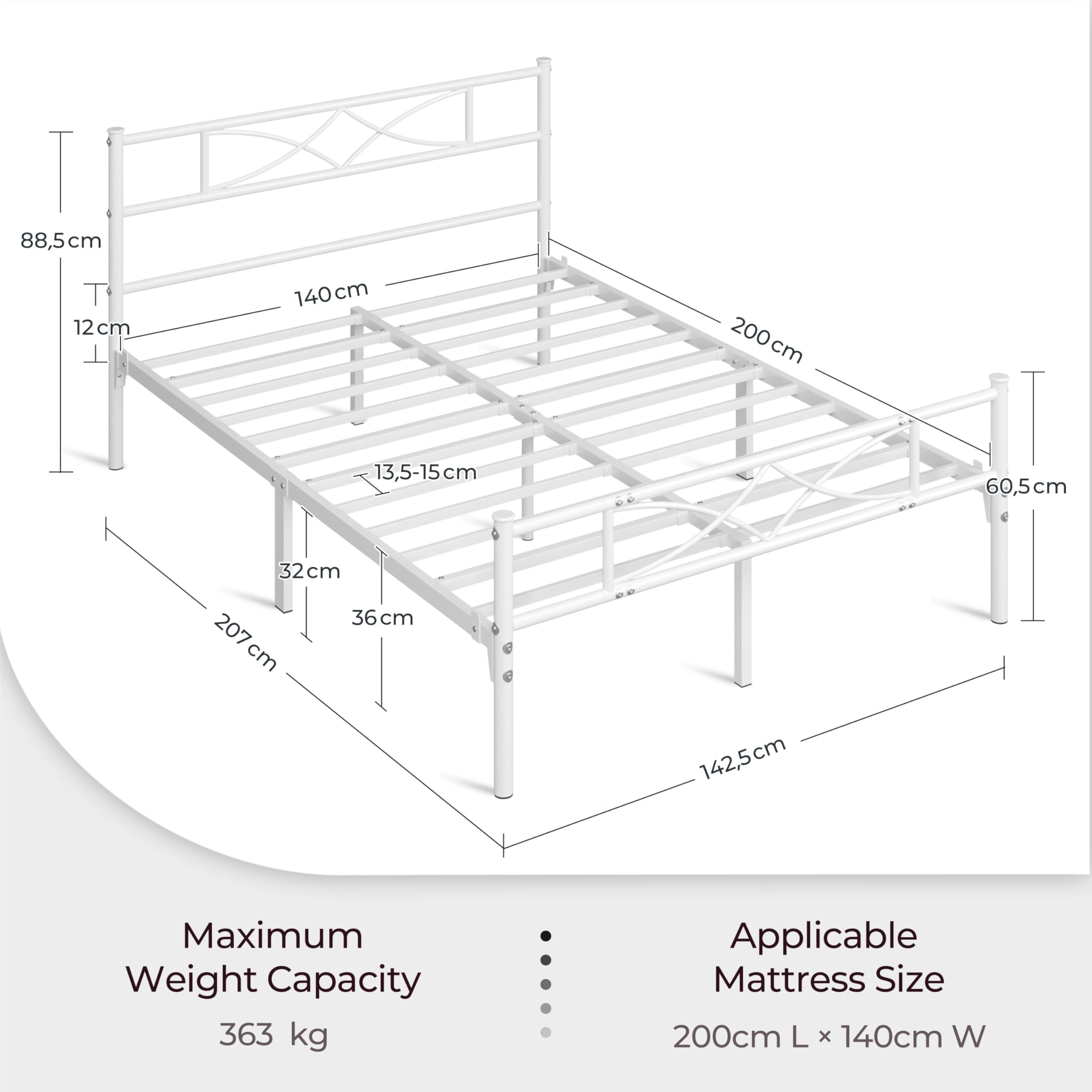 Yaheetech Metallbett 140 x 200 cm Bettrahmen mit Hohem Kopfteil Gästebett mit Lattenrost für Schlafzimmer Gästezimmer Viel Stauraum unter dem Bett Weiß