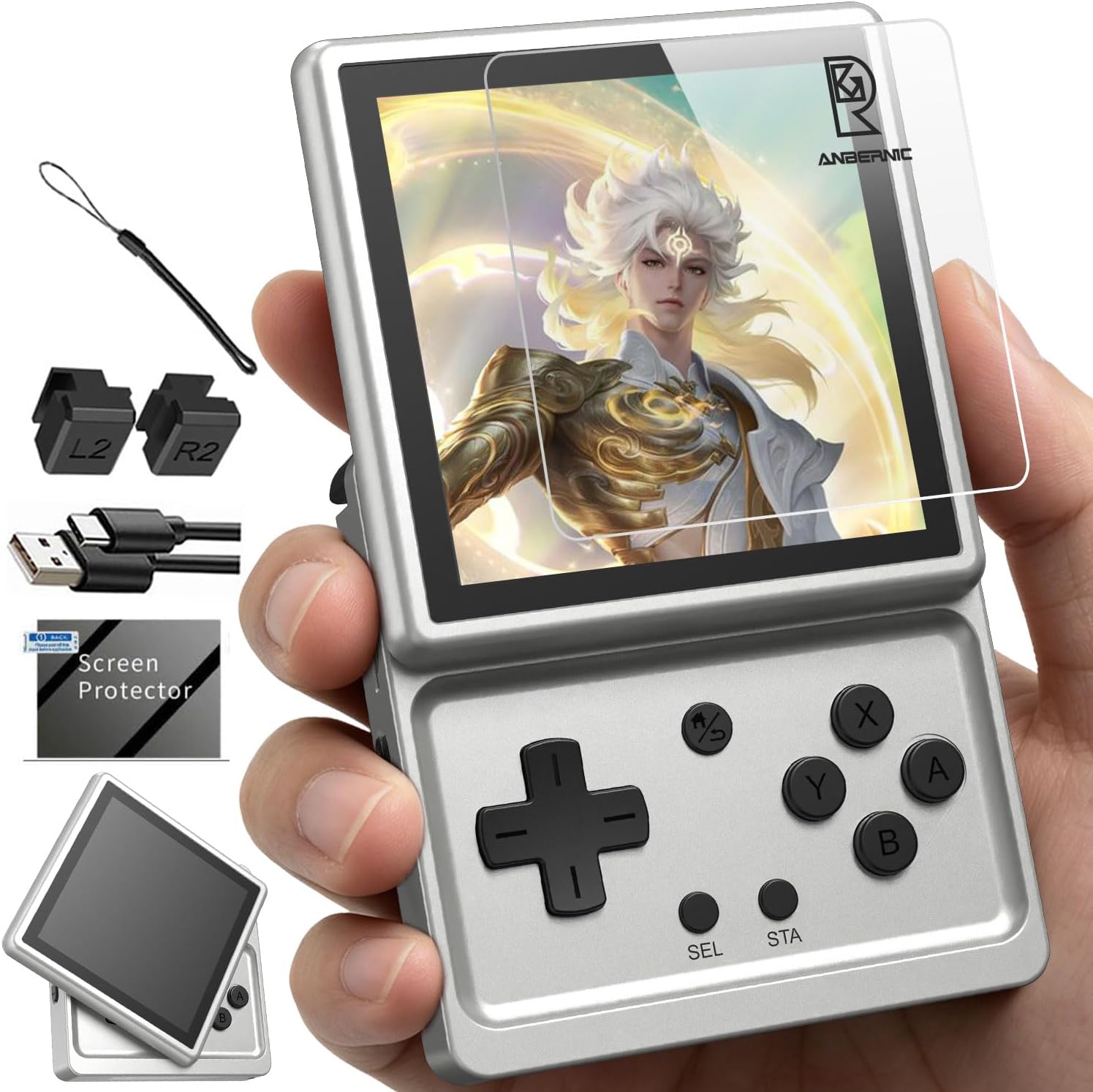 RG Rotate Retro Handheld Game Console, 3.5" Swivel Screen Android Portable Player, Unisoc T618 Chip 3GB+32GB, 2000mAh Battery, Aluminum Alloy Body (Anbernic RG Rotate-Aurora Silver-NEW)
