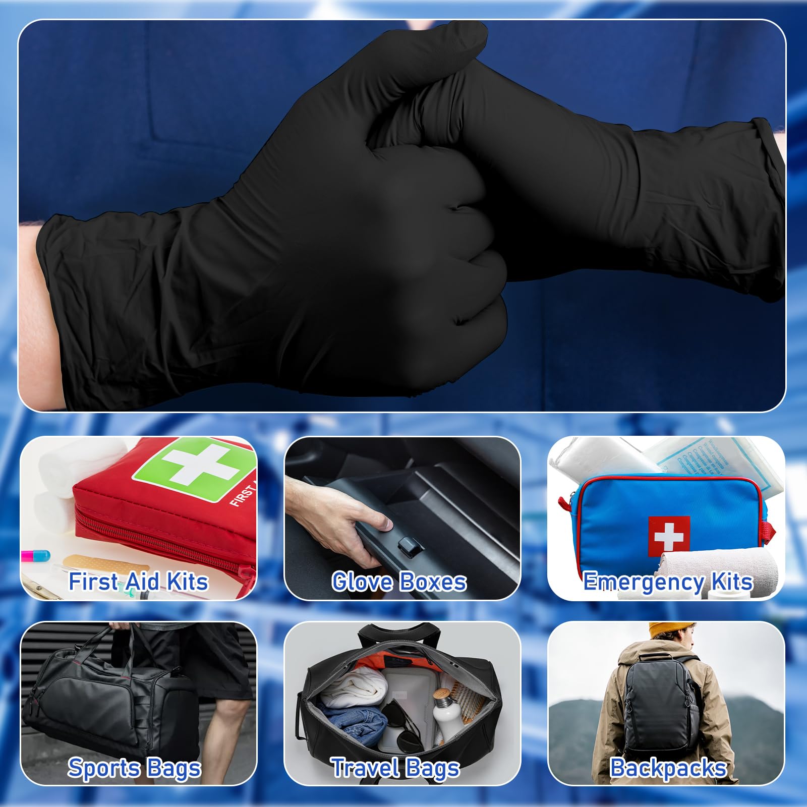 Chicingyou 50 pares de guantes desechables de emergencia empaquetados individualmente, guantes de viaje de nitrilo esenciales para traumatismos (negro)