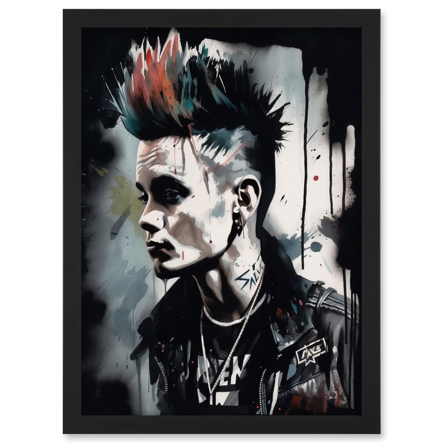 Artery8 Punk Rock Music Fashion Young Man with a Mohawk Modern Watercolour Painting Artwork Framed A3 Wall Art Print