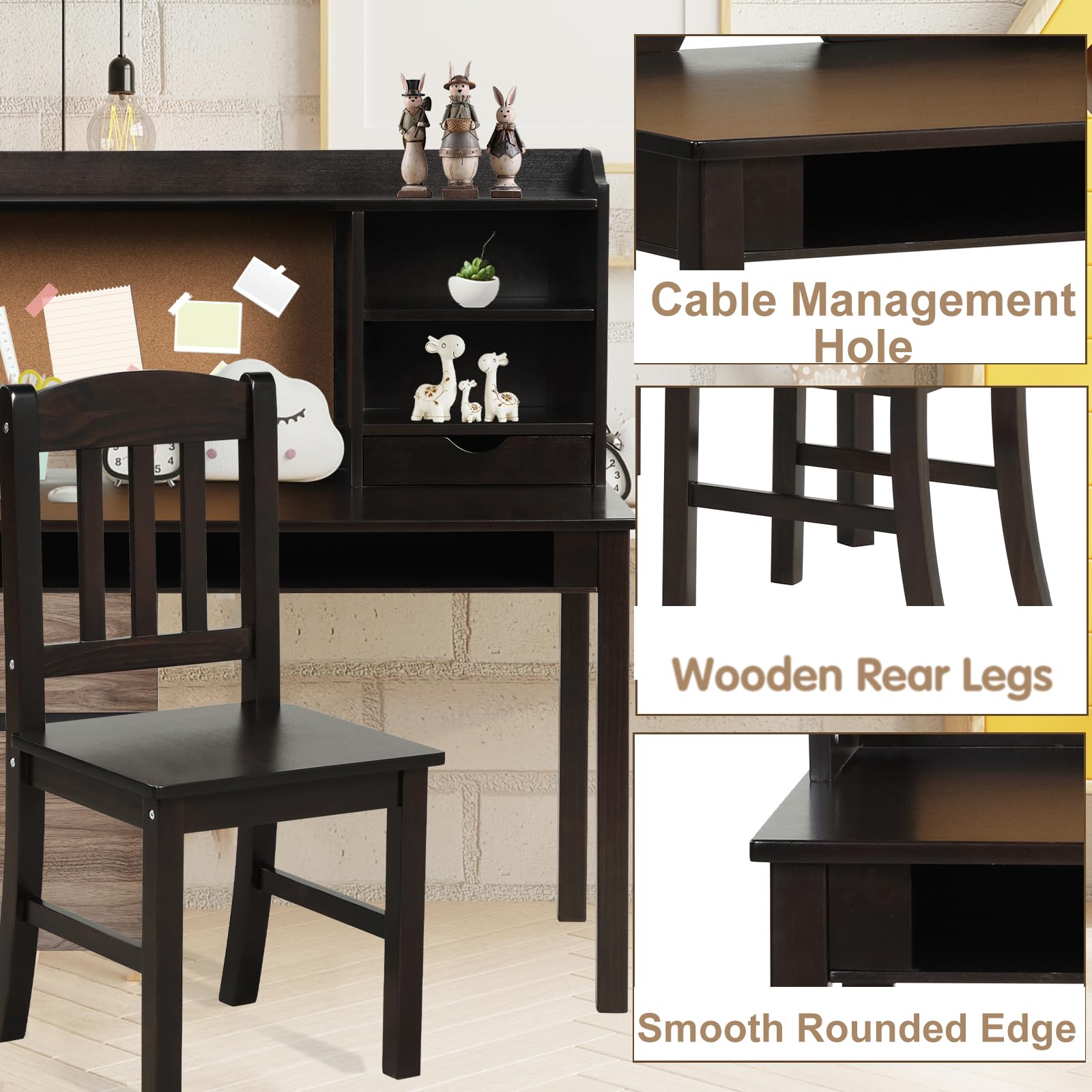 LIFEZEAL Kinderschreibtisch mit Stuhl Set, Multifunktionaler Kinderlerntisch Holz mit Regal & Schublade & Pinnwand, Tischset und Stühle Schüler für Kinderzimmer (Braun)