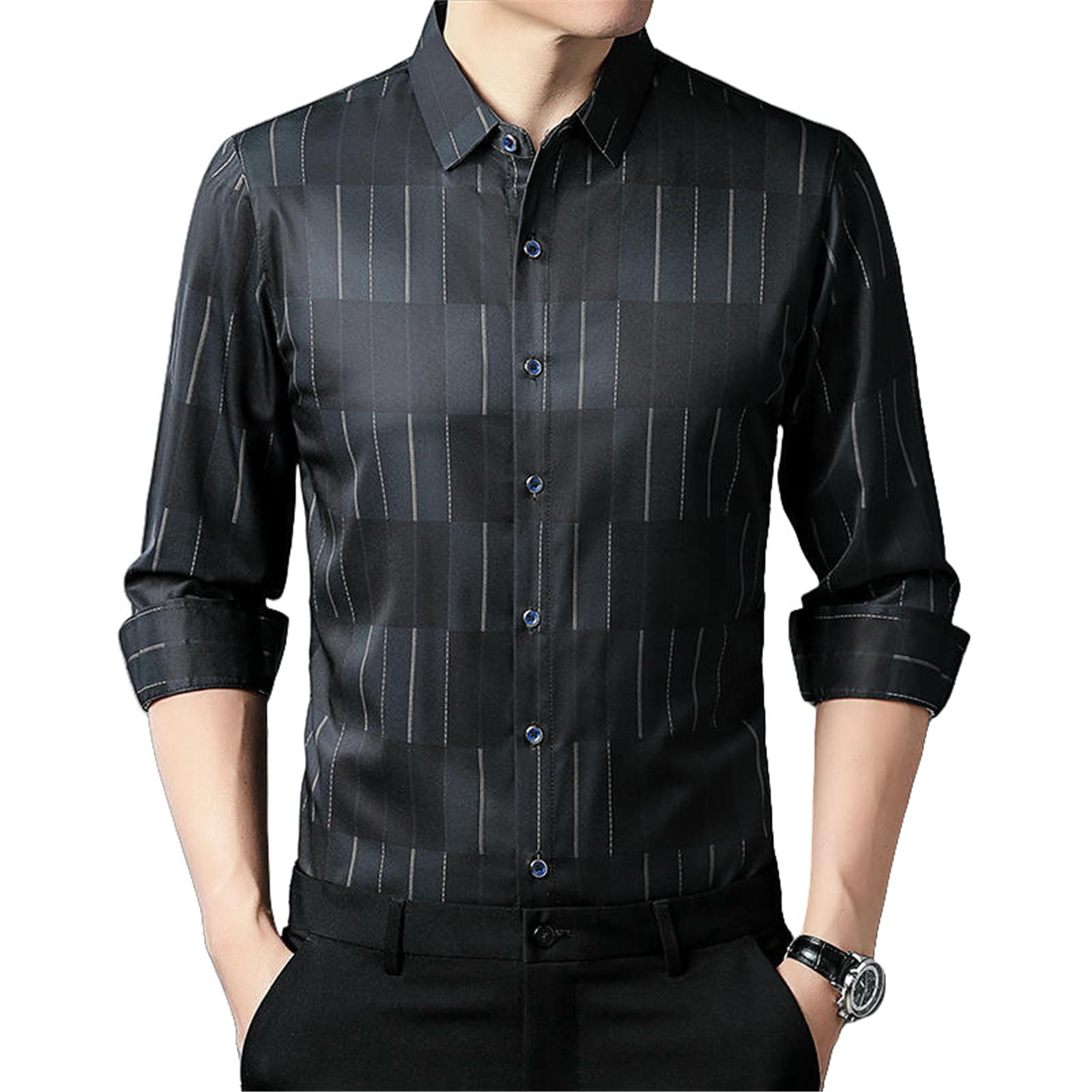 Camisa de manga larga para hombre, para primavera, otoño, informal, con solapa, a cuadros, negocios, informal, a la moda