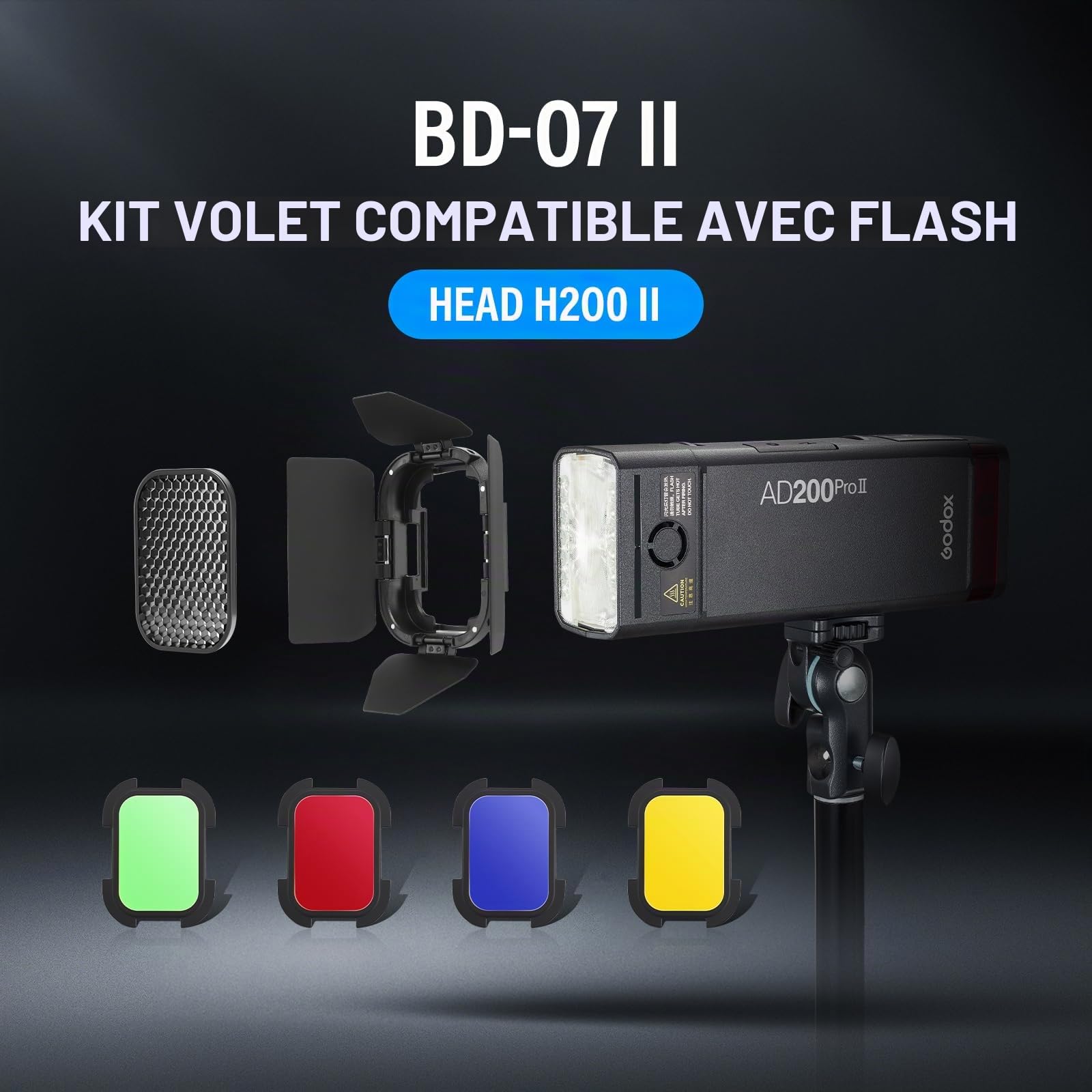 Godox BD-07 II Porte de Grange Barn Door en Métal &Grille en Nid d'abeille &Jeu de Filtres Gel 4 Couleurs pour 7 Réflecteurs Standard Bowens pour Lampe Vidéo LED GODOX AD200PRO II
