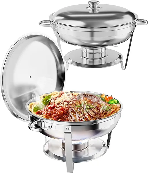 GAOMON 5QT Chafing Dish Buffet Set of 2 Pack, Round Stainless Steel Food Warmers Buffet Servers Sets, Chafer with Food & Water Pan, Lid, Frame, Fuel Holder for Catering and Parties