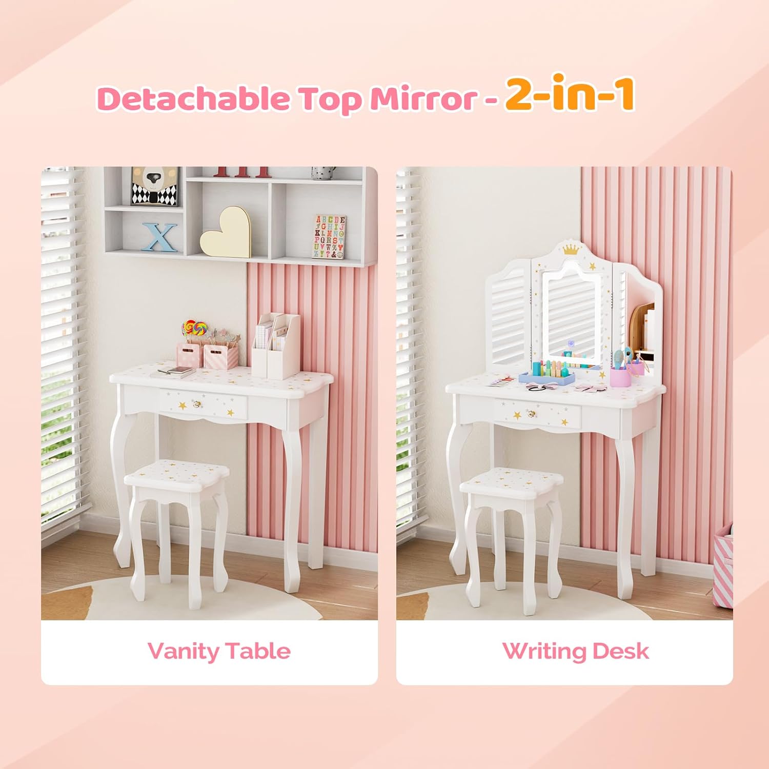 JOYMOR Upgrade Kids Vanity, 2-in-1 Girls Vanity w/Tri-Folding Mirror & Adjustment LED Touch Screen, 1 Drawer, Kids Vanity Set with Mirror Age 4-9 (White)