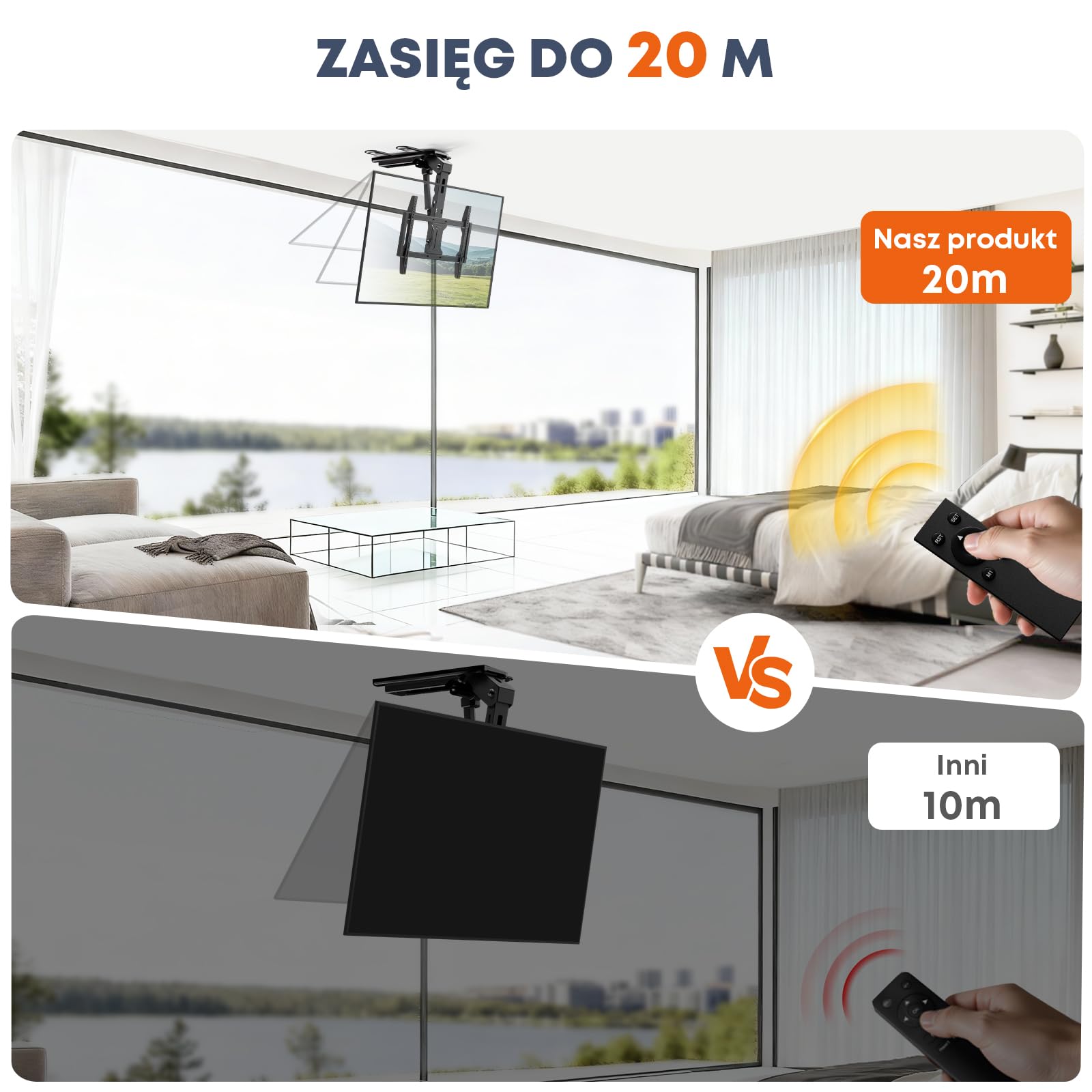 Elektryczny Uchwyt TV Sufitowy 37–75" – Opuszczany Podnośnik TV, Pilot, Udźwig 45 kg, VESA 600×400mm, Czarny