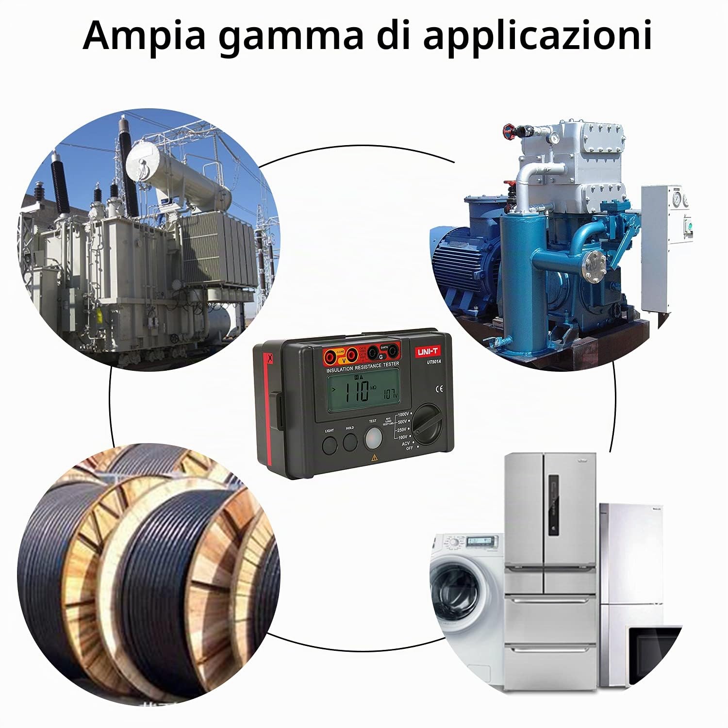 UT501A Misuratore di Resistenza di Isolamento Tester di Terra Misuratore di Portata Megaohmmetro con Display LCD Retroilluminato