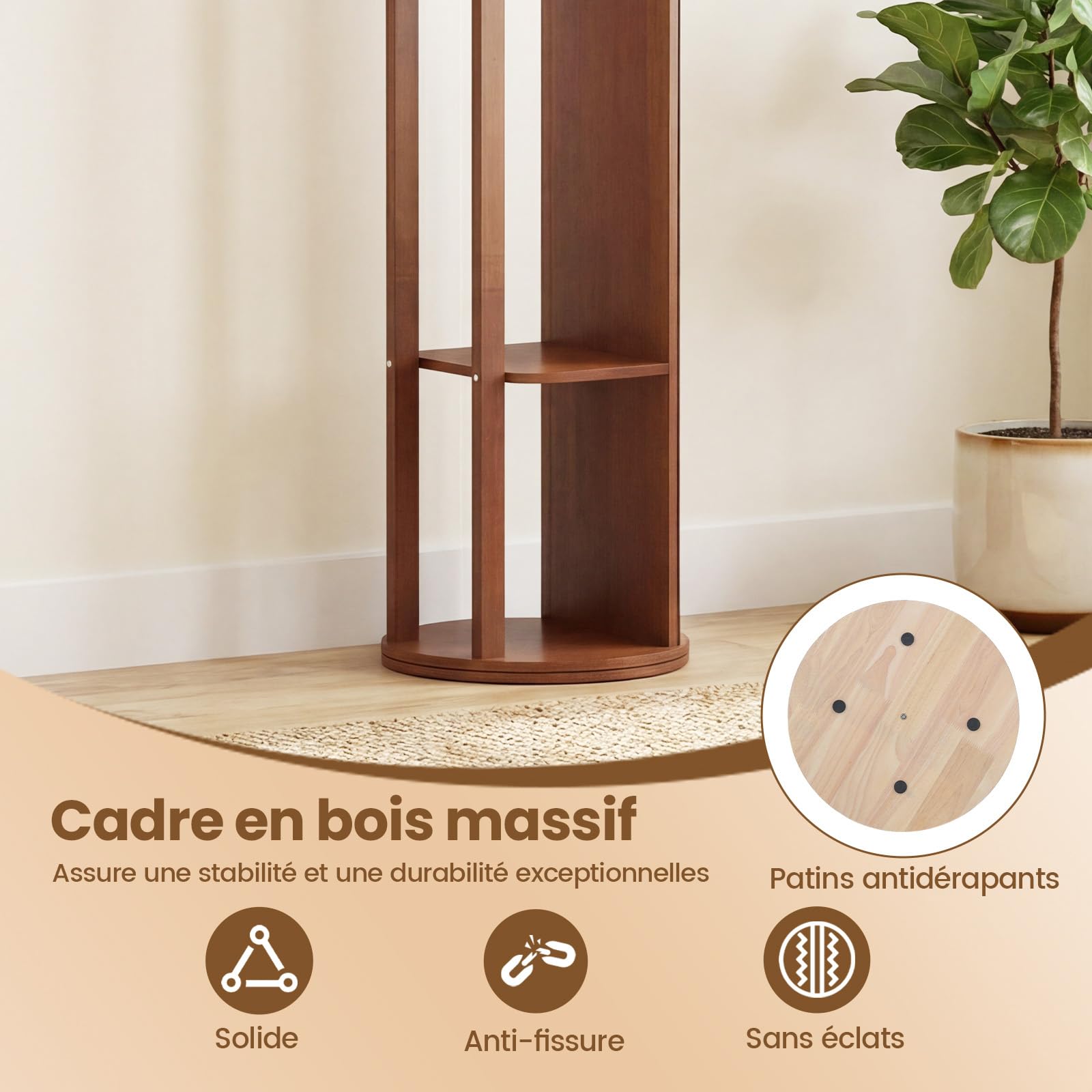 COSTWAY Miroir sur Pied, Grand Miroir avec Porte-Manteau, Base Pivotante à 360°, Cadre en Bois Massif, 2 Étagères de Rangement, 4 Crochets, Barre, pour Chambre Salon (48 x 48 x 168 cm,Noyer)
