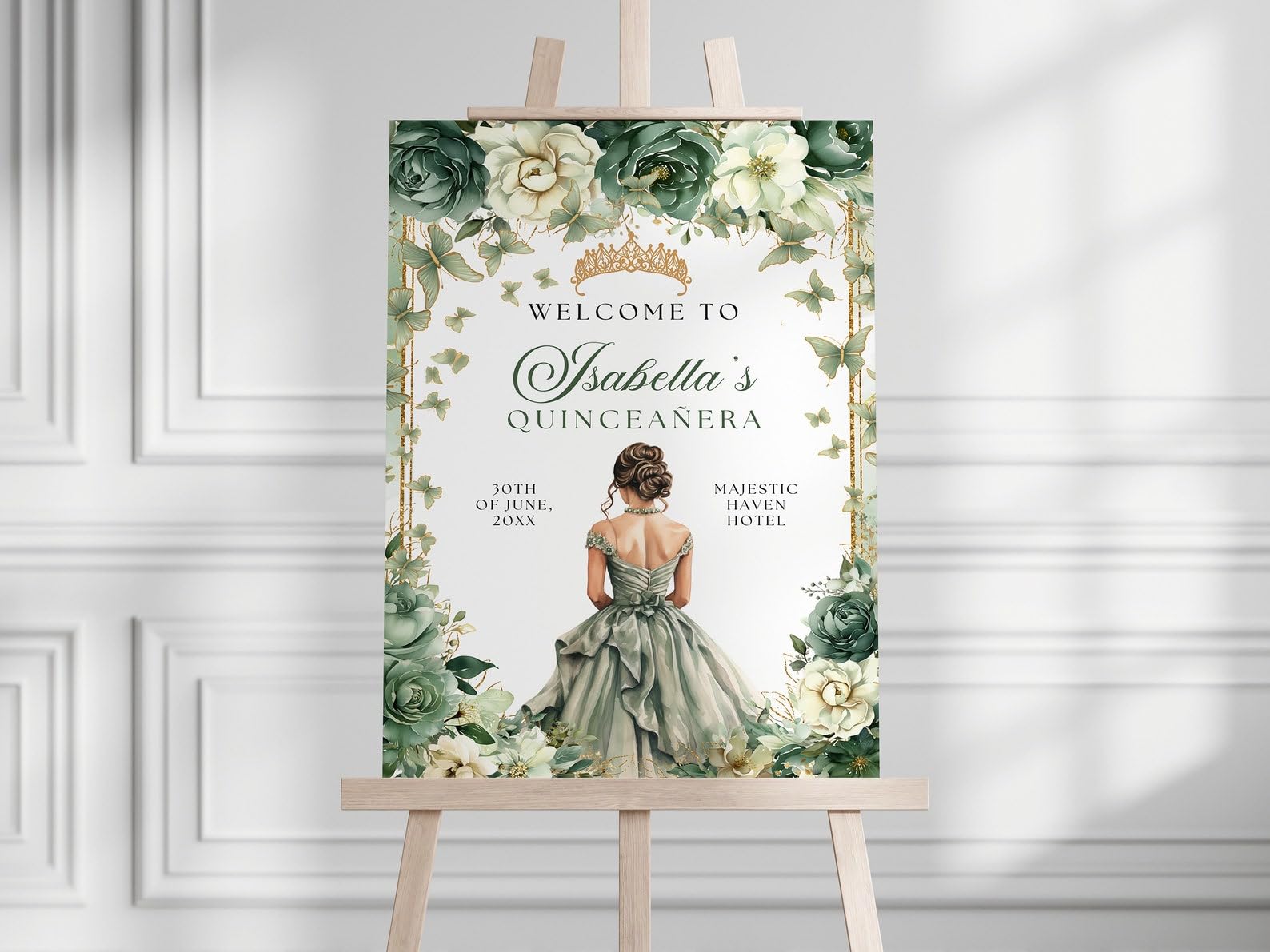 Green Gold Floral Butterfly Princess Quinceanera Welcome Sign, Quinceanera Sign, 12" X 18" (Small), 27" (Medium), 36" (Large), Plastic, Modern, Pole