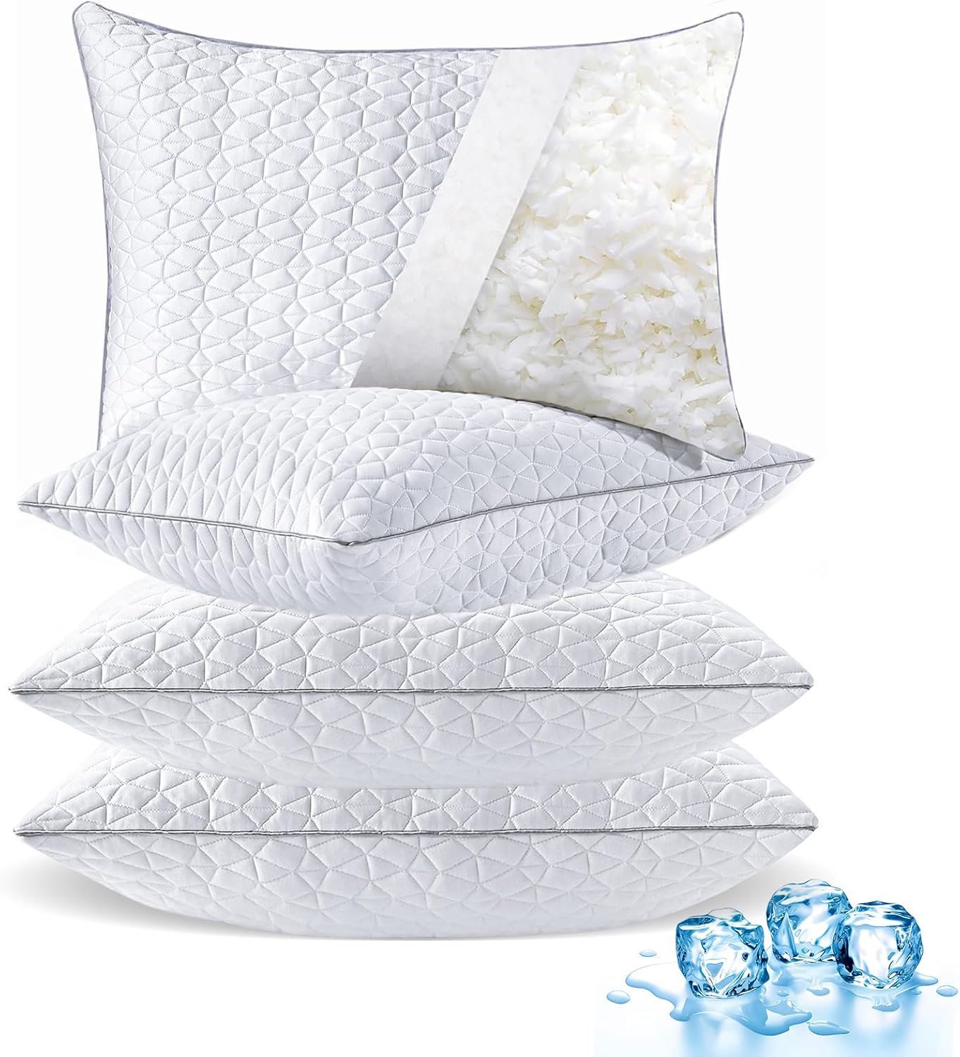 Cooling Pillows King Size Set of 4, Shredded Memory Foam Pillows, Adjustable Firm Bed Pillows Cool Cold Pillow for Hot Side Back Stomach Sleepers with Removable Washable Cover, 20" x 36", White King(4 Pack)