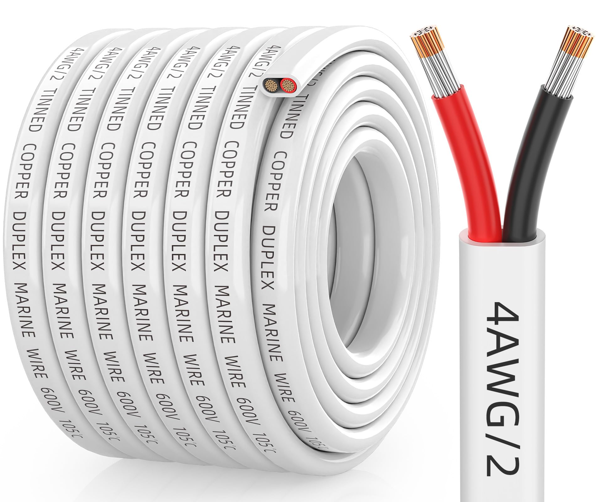 CONEPY 4 Gauge Marine Wire, 4/2 Duplex Tinned Copper Marine Grade Cable, IP68 Waterproof/Corrosion-Resistant PVC Stranded 4 AWG Wire for Boat,