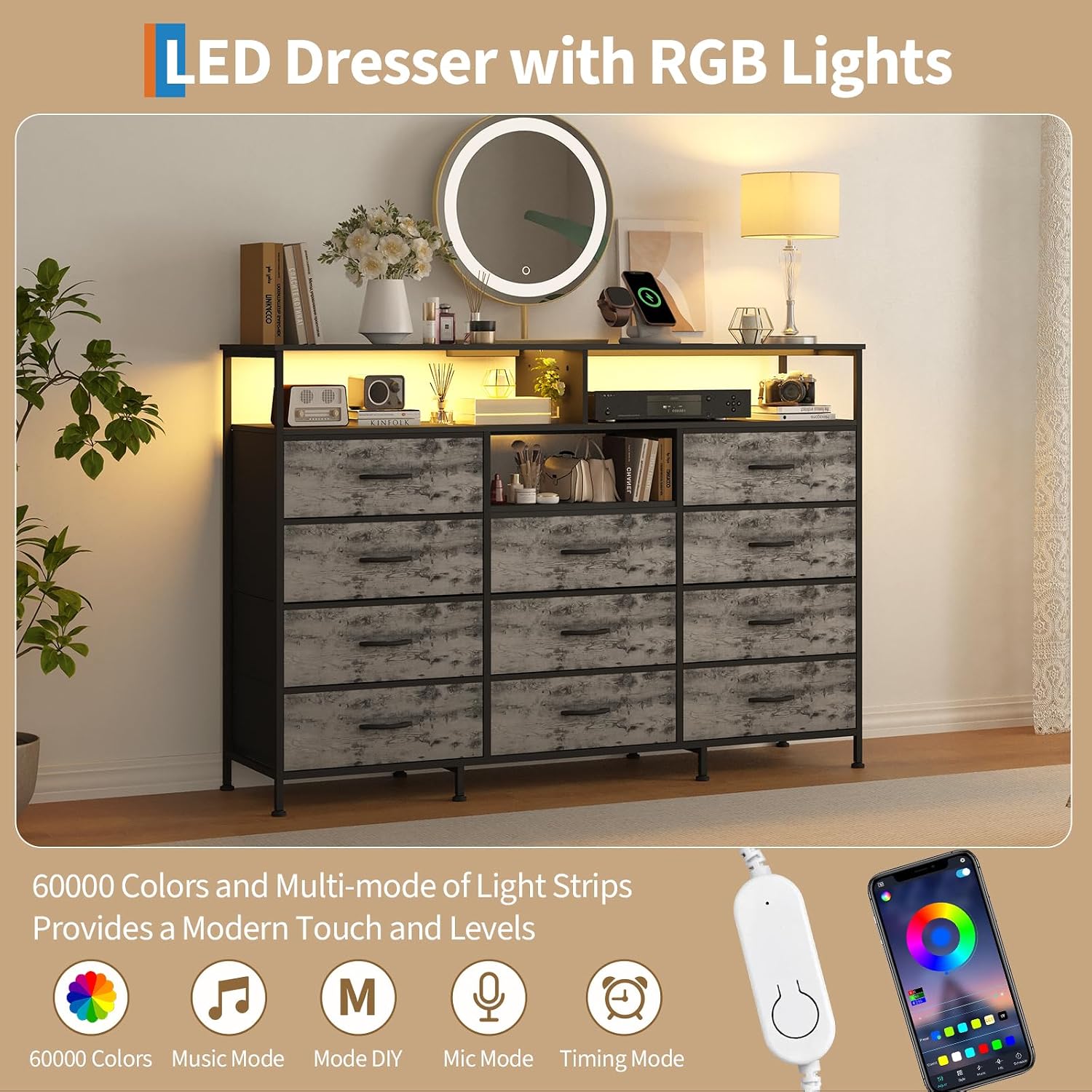 GarveeTech Dresser for Bedroom with 11 Fabric Drawers, Featuring Power Outlet & LED Lights, Wooden Top, 55”w TV Stand for Chest of Drawers for Closet and Entryway