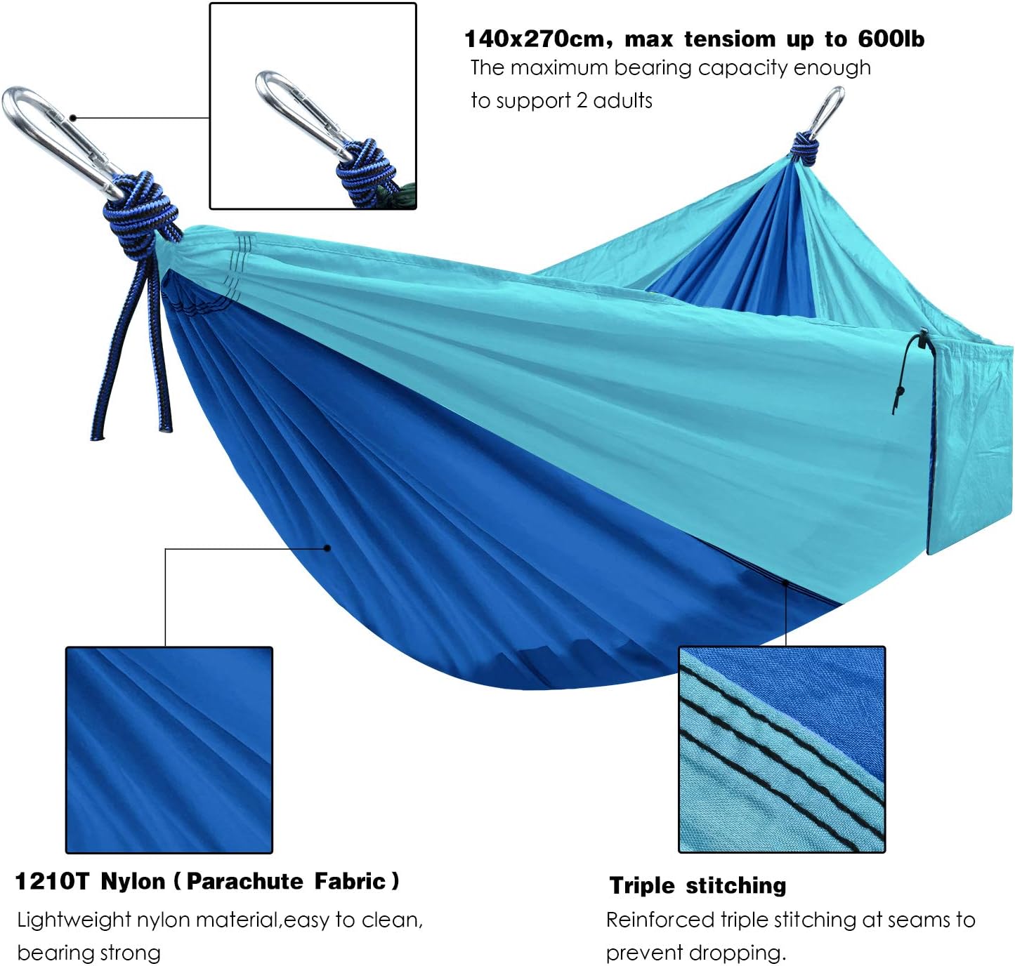 Camping Hammock, Double & Single Portable Hammocks with 2 Tree Straps and Carabiners | Easy Assembly | Lightweight Parachute Nylon Hammocks for Backpacking, Travel, Beach, Hiking (Blue/Sky Blue)