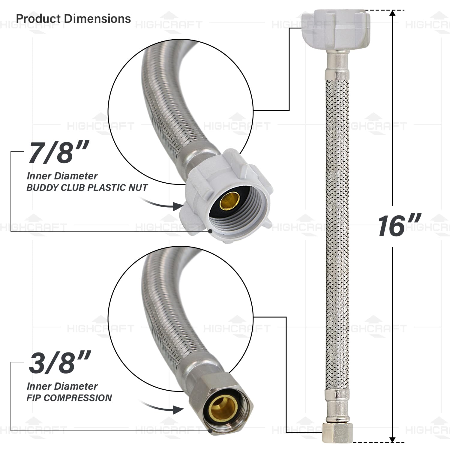 Highcraft 27416-NL-2 Conector de inodoro, manguera trenzada de acero inoxidable se conecta a la línea de suministro de compresión 3/8 x tuerca de bola hembra 7/8 16 pulgadas