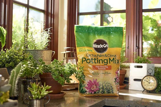 This potting mix is enriched with Miracle-Gro Plant Food to provide essential nutrients and promote healthy growth in your plants. It also contains sphagnum peat moss, sand, and perlite to ensure proper aeration and drainage for your plants. The mix is designed to retain moisture while preventing overwatering, making it ideal for plants that prefer drier conditions.
