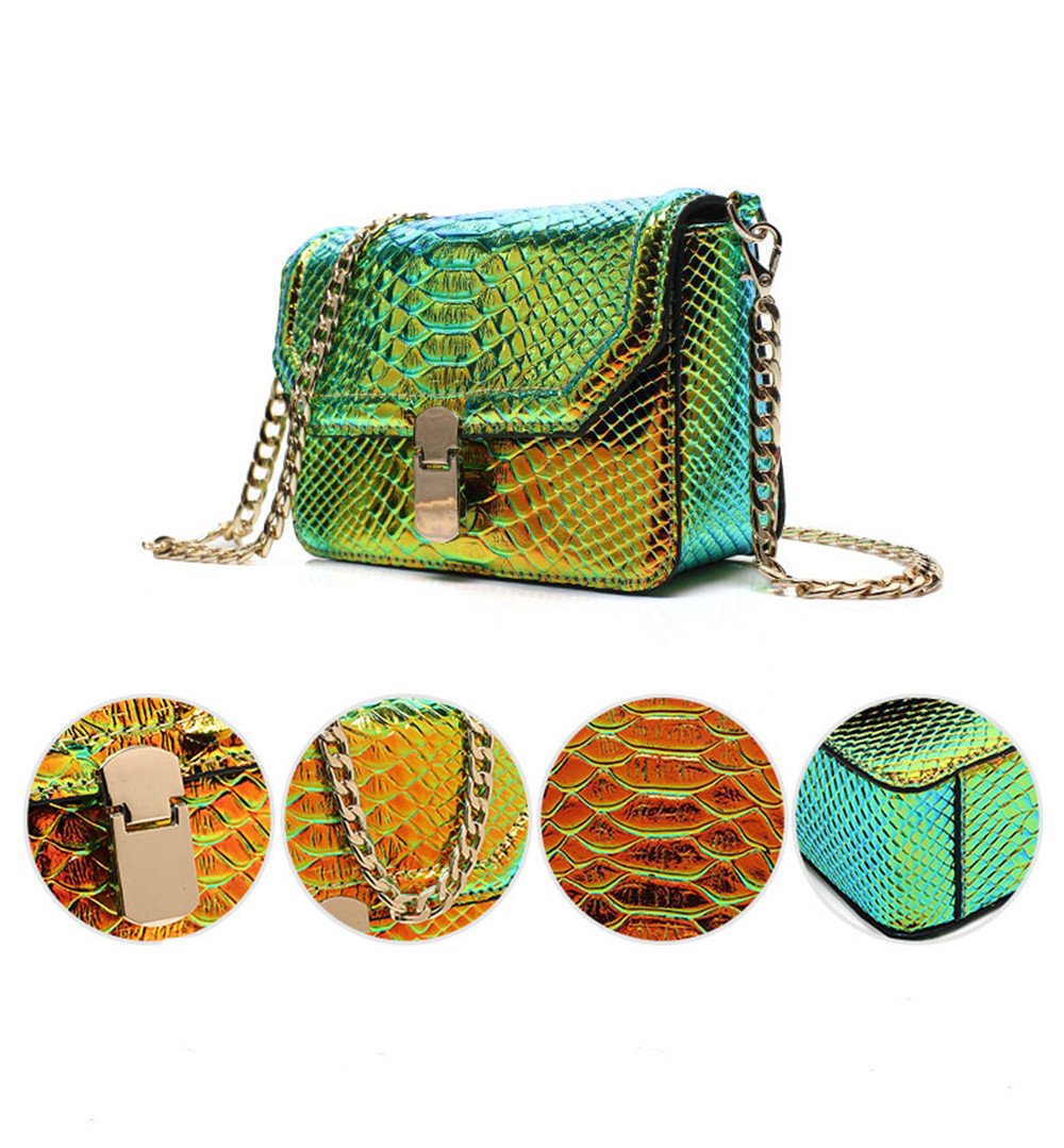 Yair Yangtz Holographic Snakeskin Crossbody Bag Shoulder Bag Women's Hologram Leather Purse (S Green)