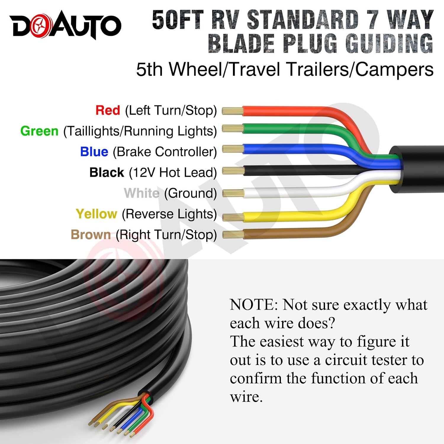 50 Foot Heavy Duty 14/12/10AWG 7 Way Round Conductor Blade Wiring RV Trailer RV SAE Cord Harness Wire, 7 Individually Jacketed RV Tow Hitch Caravan Cord Cable Insulated Wiring14/4 10/2 12/1