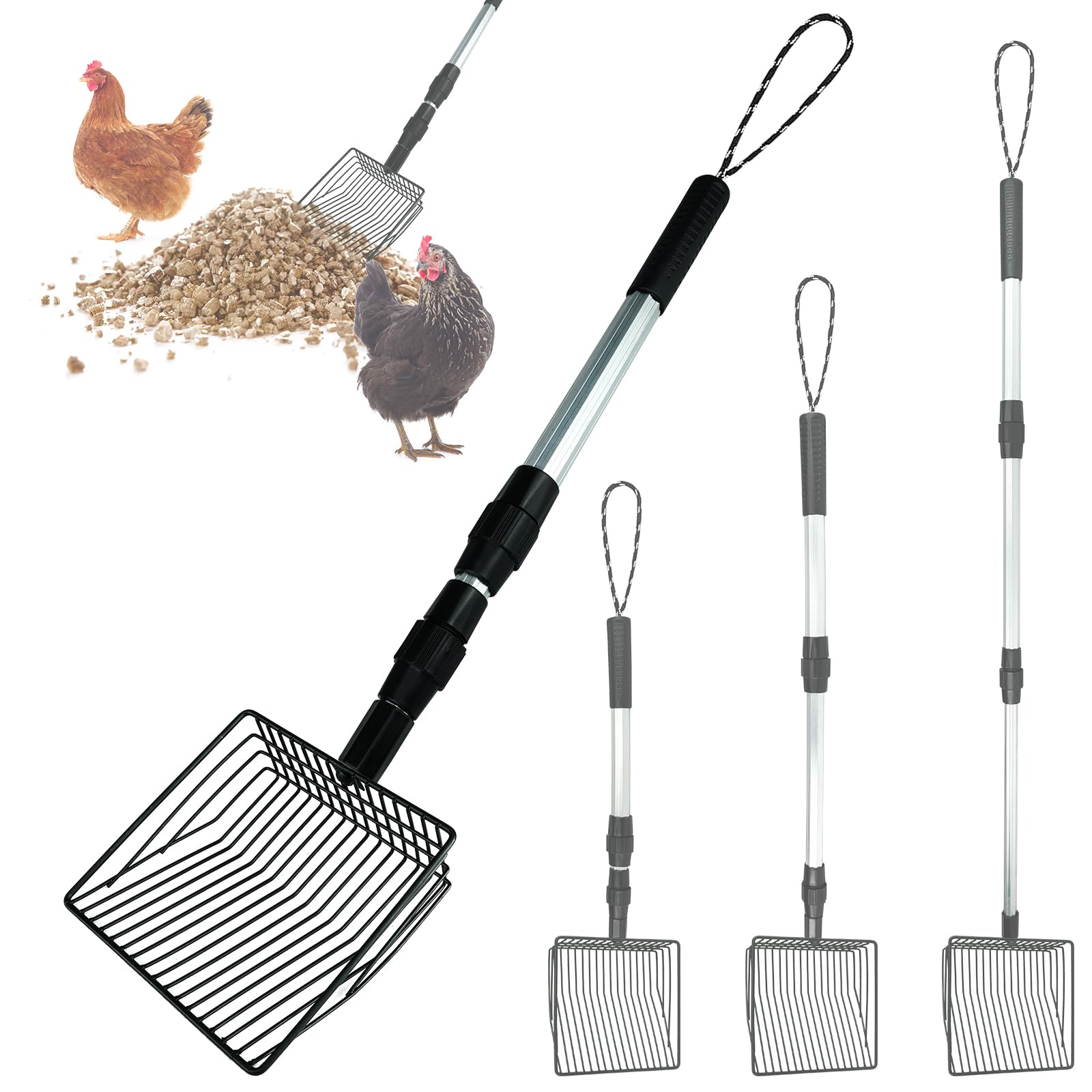 Chicken Poop Scooper 3 in 1 Adjustable Long Handle Litter Metal Scoop Heavy Duty Metal Chicken Poop Scooper Litter Sieving Shovel, Chicken Coop