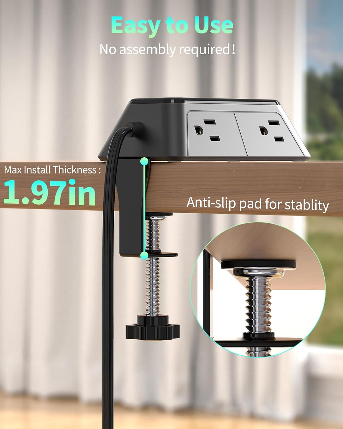 DEPOW Desk Clamp Power Strip 10Ft, Surge Protector Desk Charging Station with 6 AC Outlets (1875W/15A) and 4 USB Ports, Fit 1.97in Tabletop Edge, Flat Plug Extension Cord for Gaming Home Office