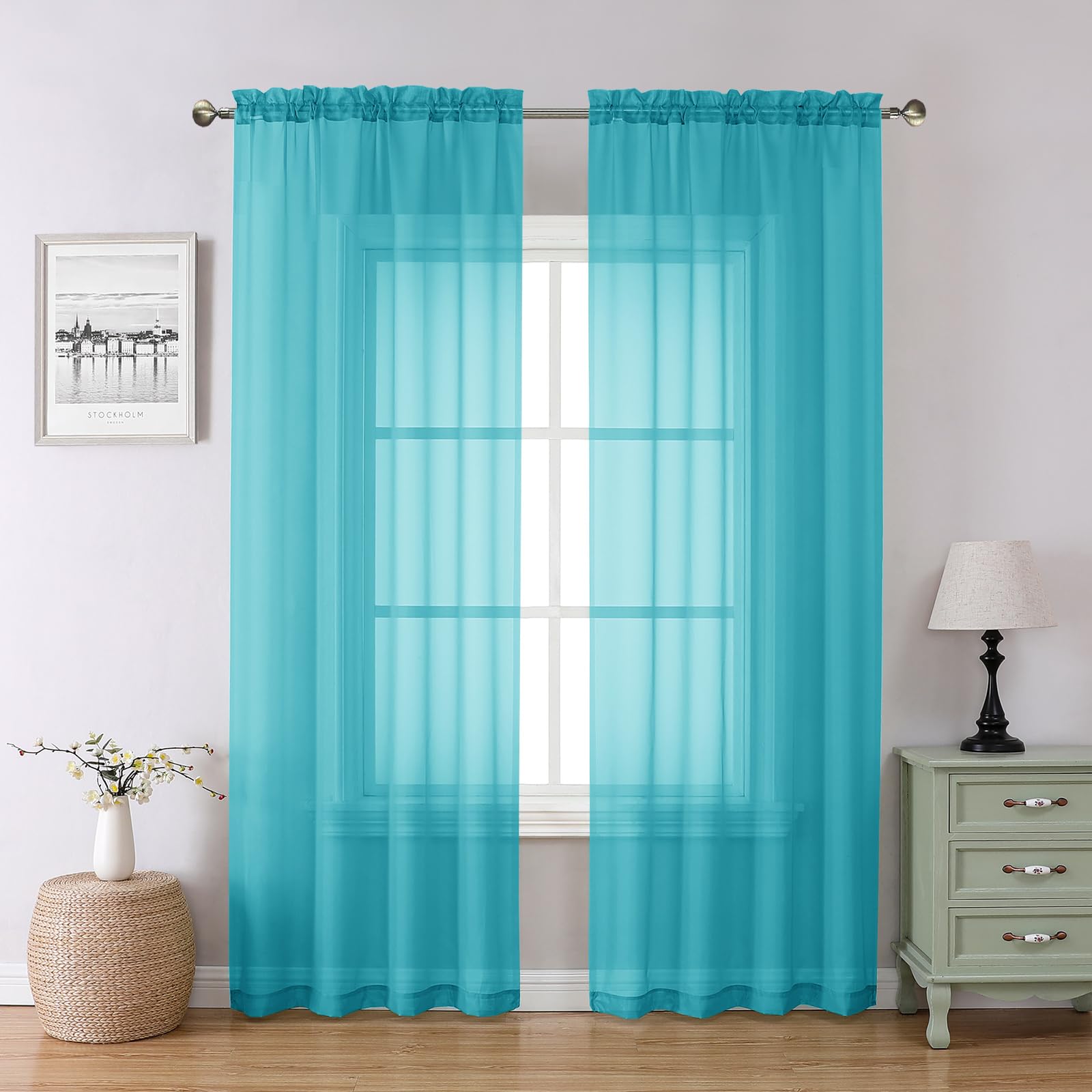 Chyhomenyc Turquoise Sheer Curtains 84 Inch Length 2 Panels, Light Filtering Soft Airy Voile Rod Pocket Sheer Window Drapes for Bedroom Living Room, Each 42Wx84L Inches — image 1