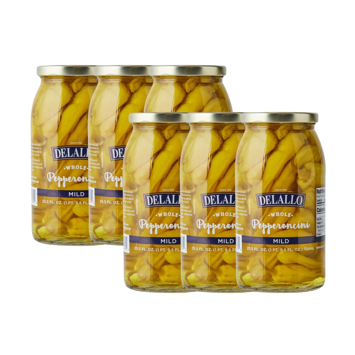 DeLallo Mild Pepperoncini Peppers, 25.5 Ounce Jar 6 Pack, Whole Yellow Pickled Peppers Grown in Greece, 100% Cured, Non-GMO, Packed Fresh