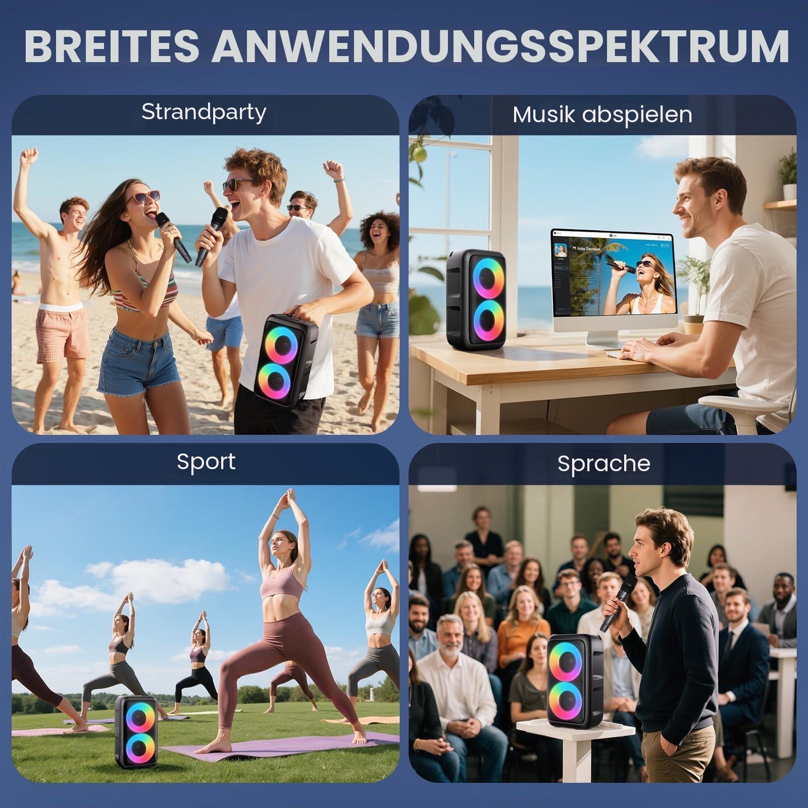 Karaoke Maschine mit 2 kabellosen Mikrofonen – 2x10W Tragbarer Bluetooth Lautsprecher, unterstützt TWS/AUX/USB/FM für TV, Smartphone & Tablet – Ideal für Party, Geburtstag & Reisen (Mic2)