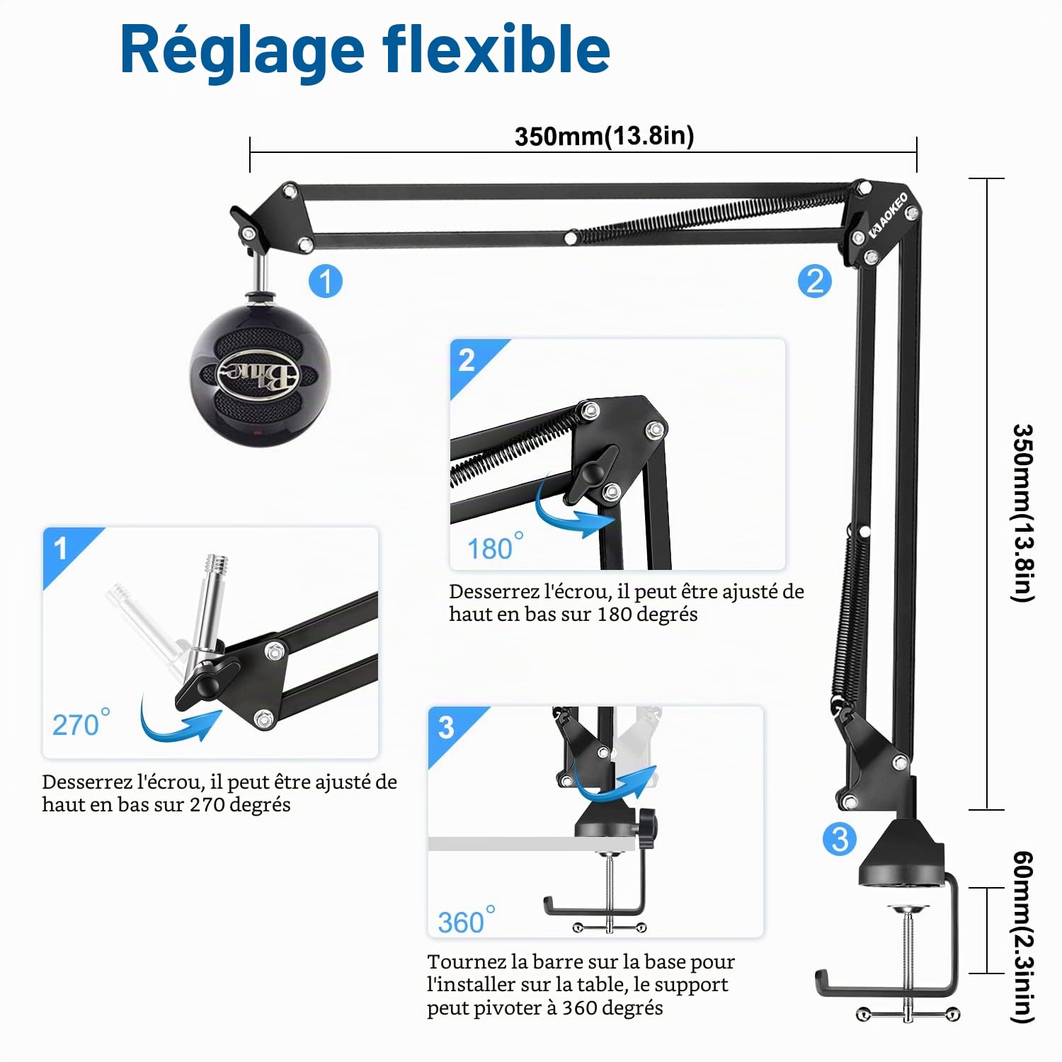 Bras Micro,Aokeo AK-35 Pied Micro réglable Support de Microphone pour HyperX QuadCast,SoloCast,Blue Yeti,Blue Snowball,Elgato Wave,Etc