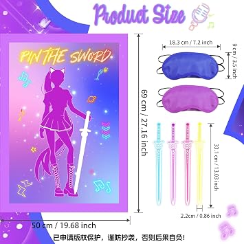 AFZMON Purple Kpop Birthday Decorations,Pin The Sword Party Favors Games for Kids, Large Poster with 24 Stickers for Party Supplies