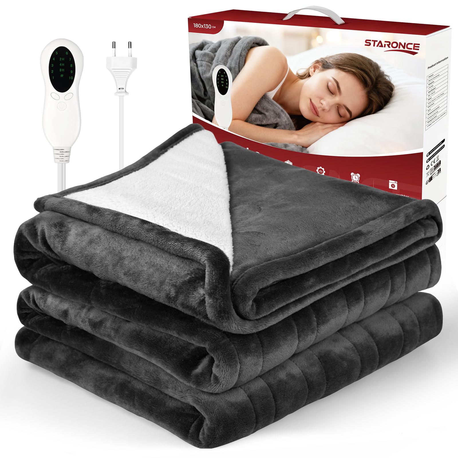 staronce Heizdecke mit Abschaltautomatik, Elektrische Wärmedecke 180x130 cm, Beheizbare Kuscheldecke mit 10 Heizstufen, Überhitzungsschutz und Fernbedienung, Geschenk für Männer, Frauen und Senioren