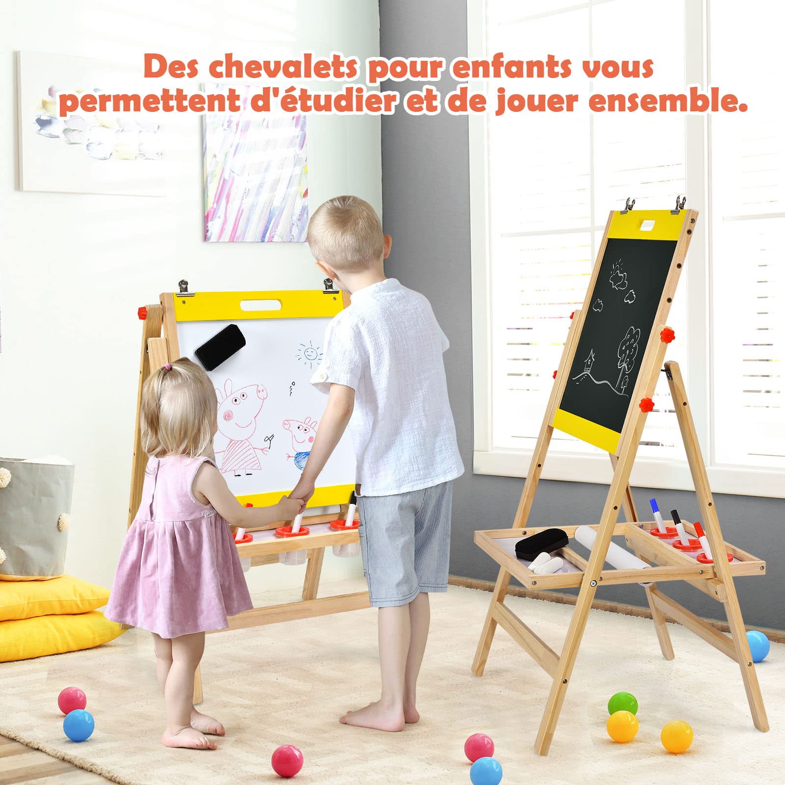 COSTWAY Chevalet Pliable 3-en-1 pour Enfants de 3+Ans, Chevalet d'Art en Bois avec Hauteur Réglable sur 5 Positions, Plateau de Rangement et Tableau à 2 Faces, 50,5 x 53,5 x 79-104 cm (Naturel+Jaune)
