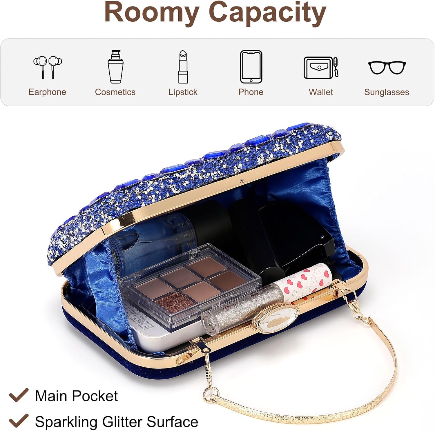 DTGN Evening Bags Clutch Purses for Women Formal, Gemstone Handbag Crystal Rhinestone Crossbody Square Bag with Chain Shoulder Bag Sparkly for Wedding Guest Party Blue