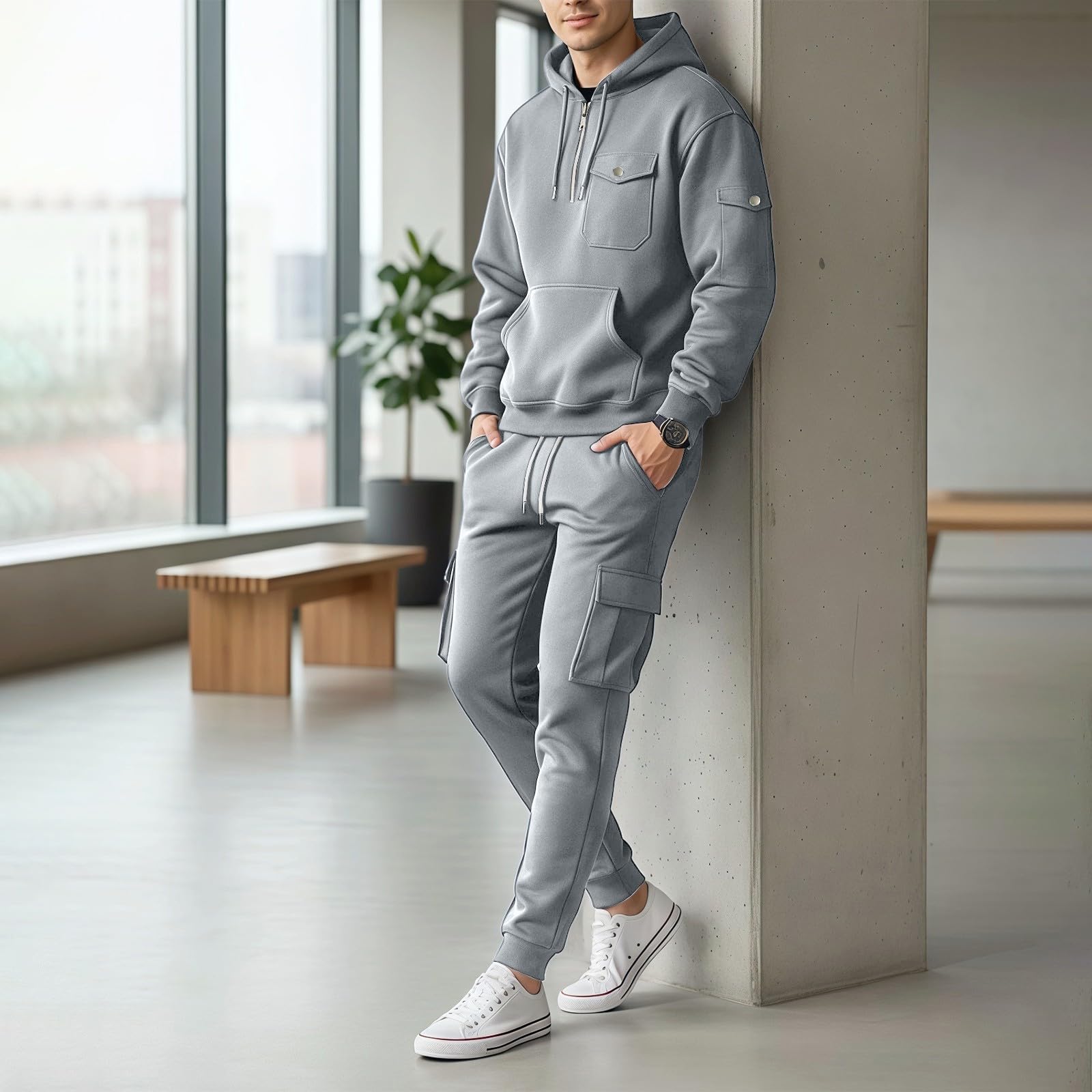 Conjunto de verano para hombre, informal, chándal de gimnasia para hombre, camisa con capucha de manga larga y pantalones de carga de cordón, conjunto deportivo de 2 piezas, juego para