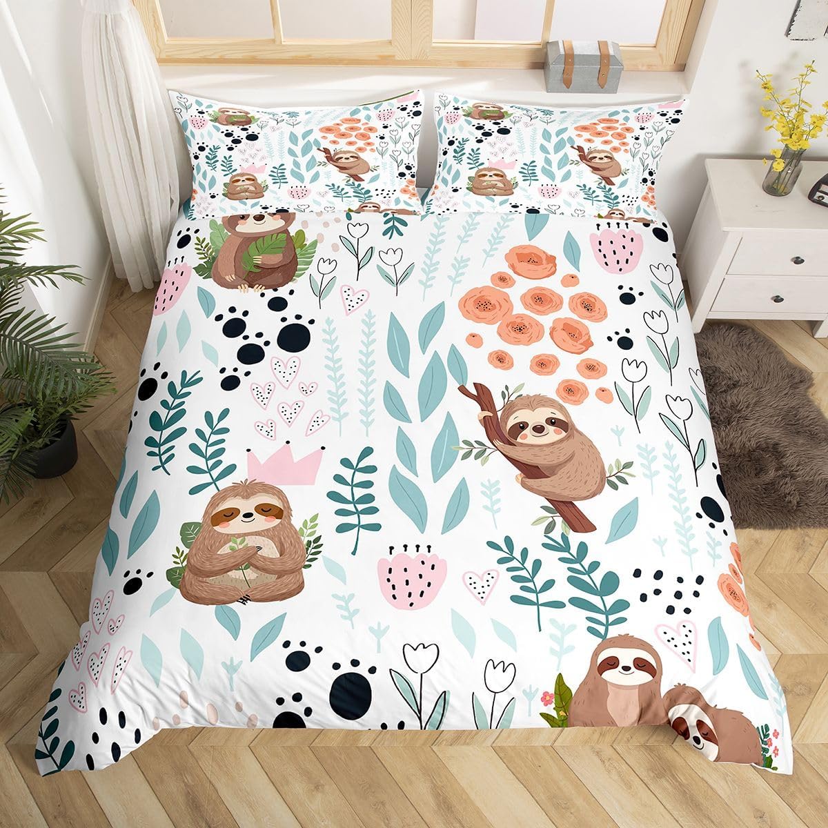 Erosebridal Kawaii Sloth Bedding Set,Cartoon Sloth Duvet Cover Queen,Cute Love Heart Leaf Floral Comforter Cover for Kids Girls Boys,Paw Print Animals Bed Sets with 2 Pillow Cases Sloth Queen (No Comforter)