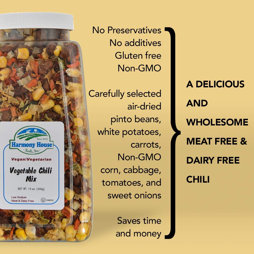 Harmony House Plain Vegetable Chili Mix – Gluten Free, Low Sodium, For Cooking, Camping, Emergency Supply & More (12.5 oz. Jar)