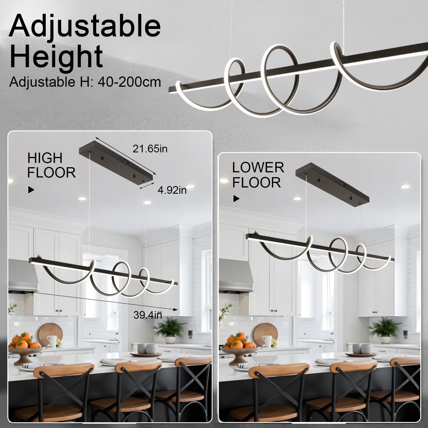 Lampada moderna a isola da cucina, 3000 K-6500 K, lampada a sospensione nera con striscia luminosa in silicone morbido da 150 cm, fai da te