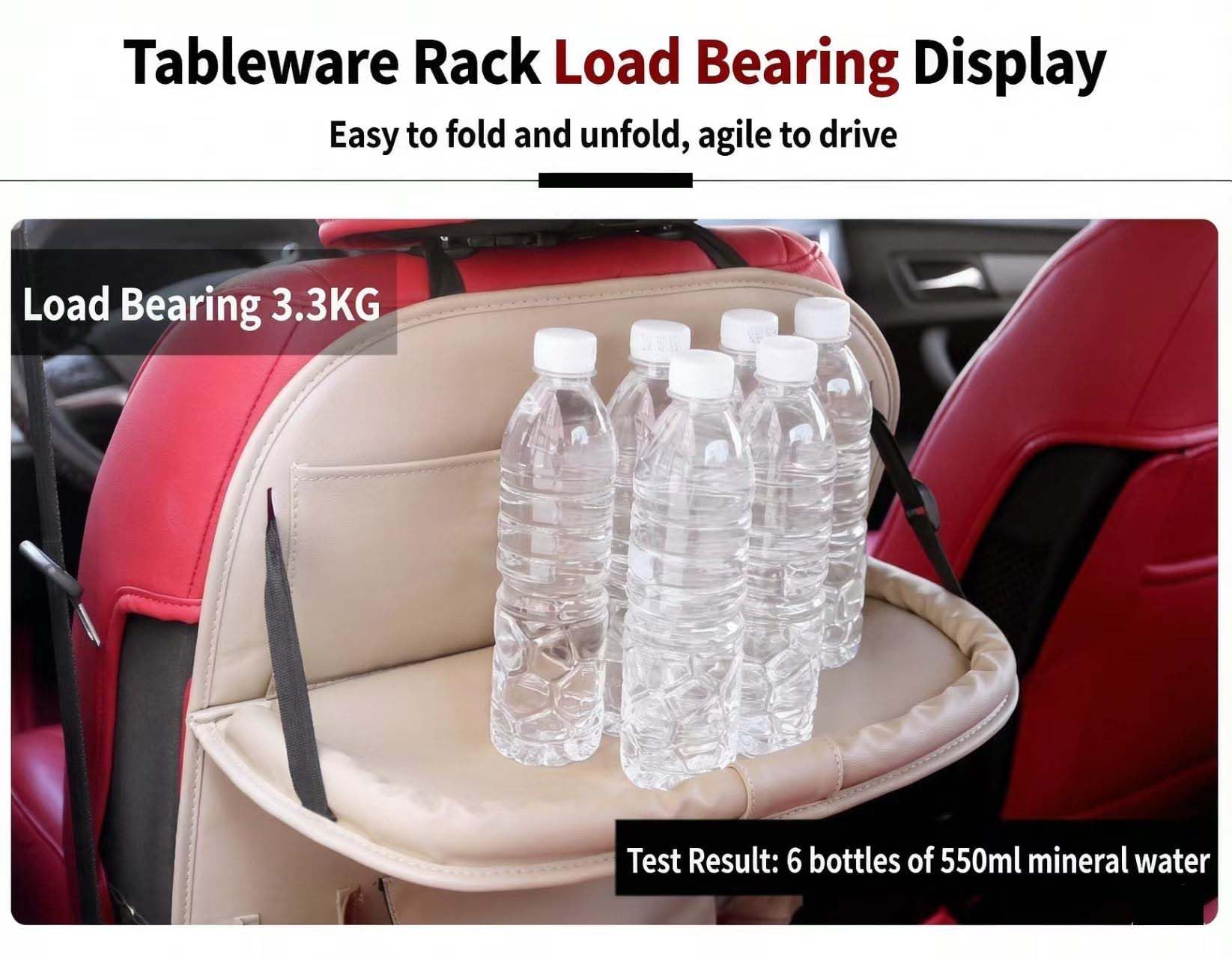 Organisateur de siège arrière en cuir PU de qualité supérieure avec table pliable, poches de rangement multiples et sangle à boucle réglable - Beige