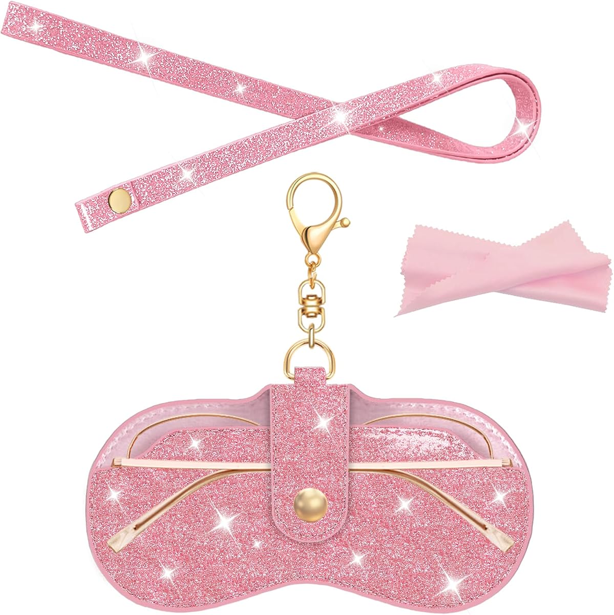 Estuche para gafas con purpurina y cordón Bolsa para gafas de sol de cuero suave con gancho | Correa para el cuello, Estuche portátil para gafas para viajar, Ultra delgado para el bolso, Más fácil acceso, Botón magnético, Paño de limpieza